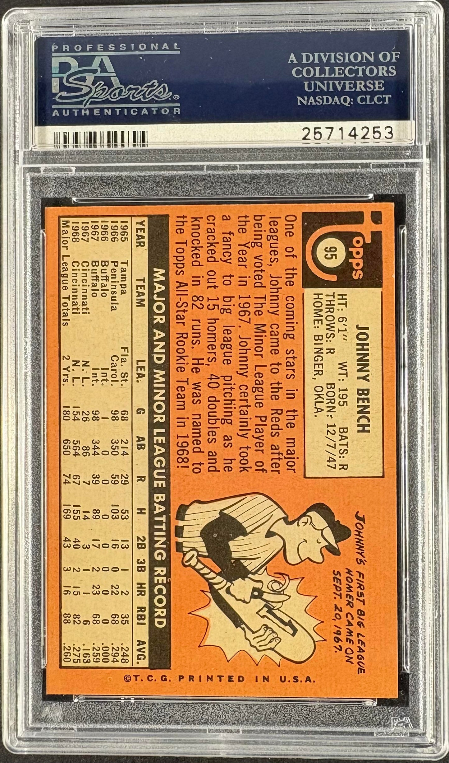 1969 Topps #95 Johnny Bench PSA 9 MINT High Grade