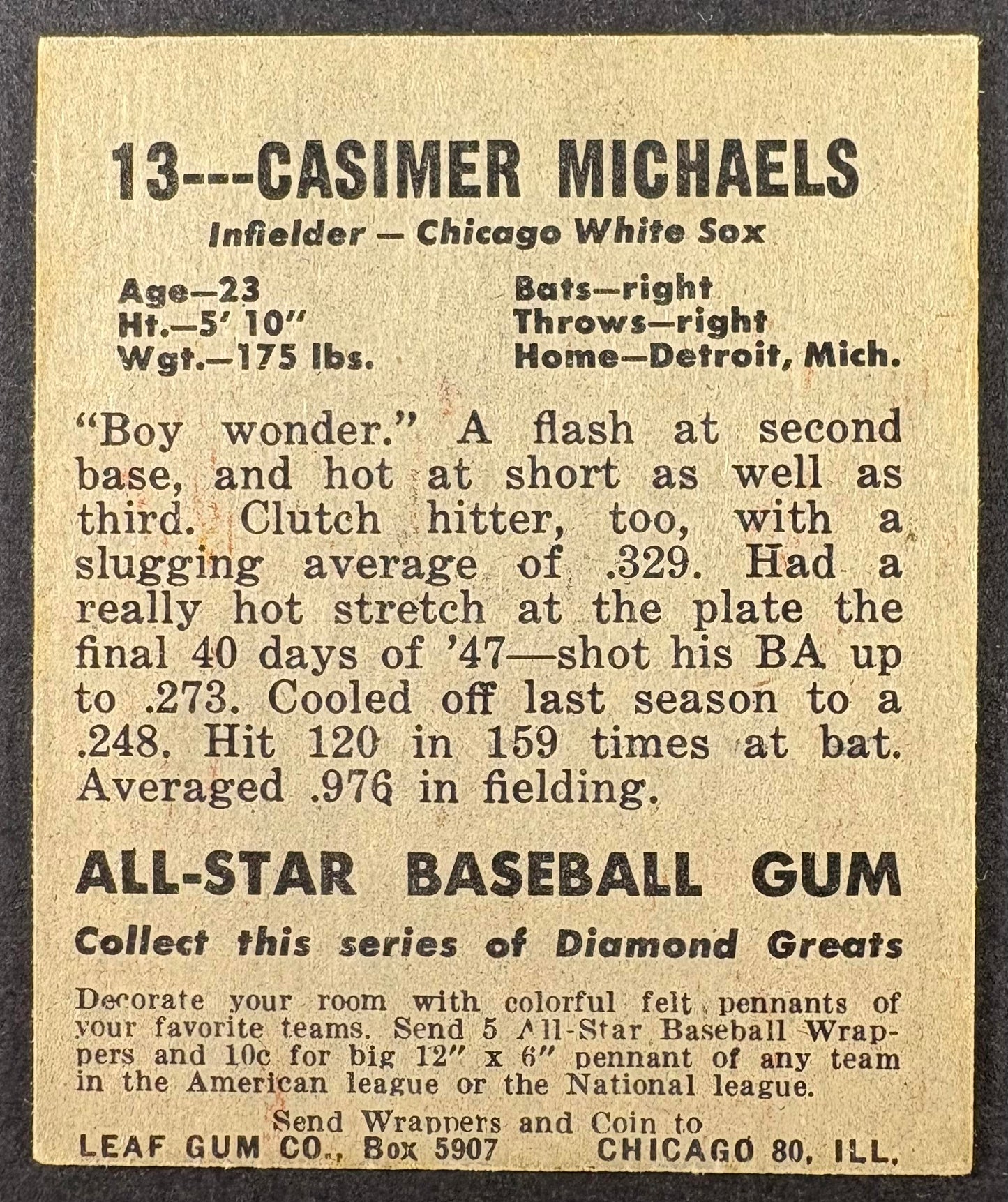 1948-49 Leaf #13 Casimir Michaels SP Short Print CREASE FREE + Sharp