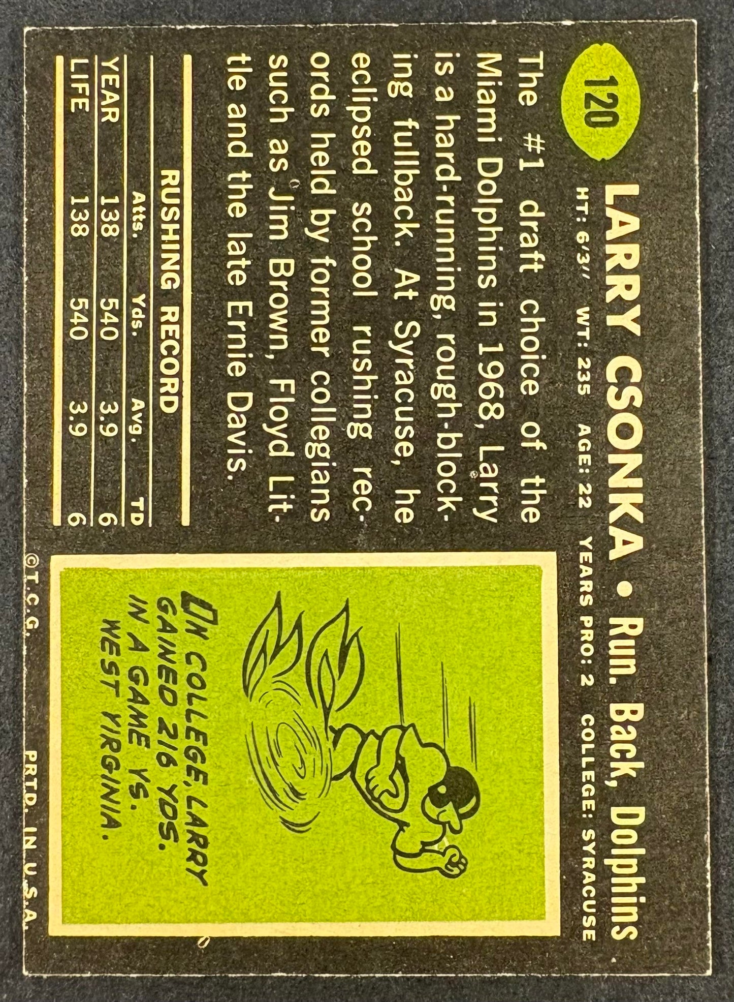 1969 Topps #120 Larry Csonka RC Rookie CREASE FREE + SHARP