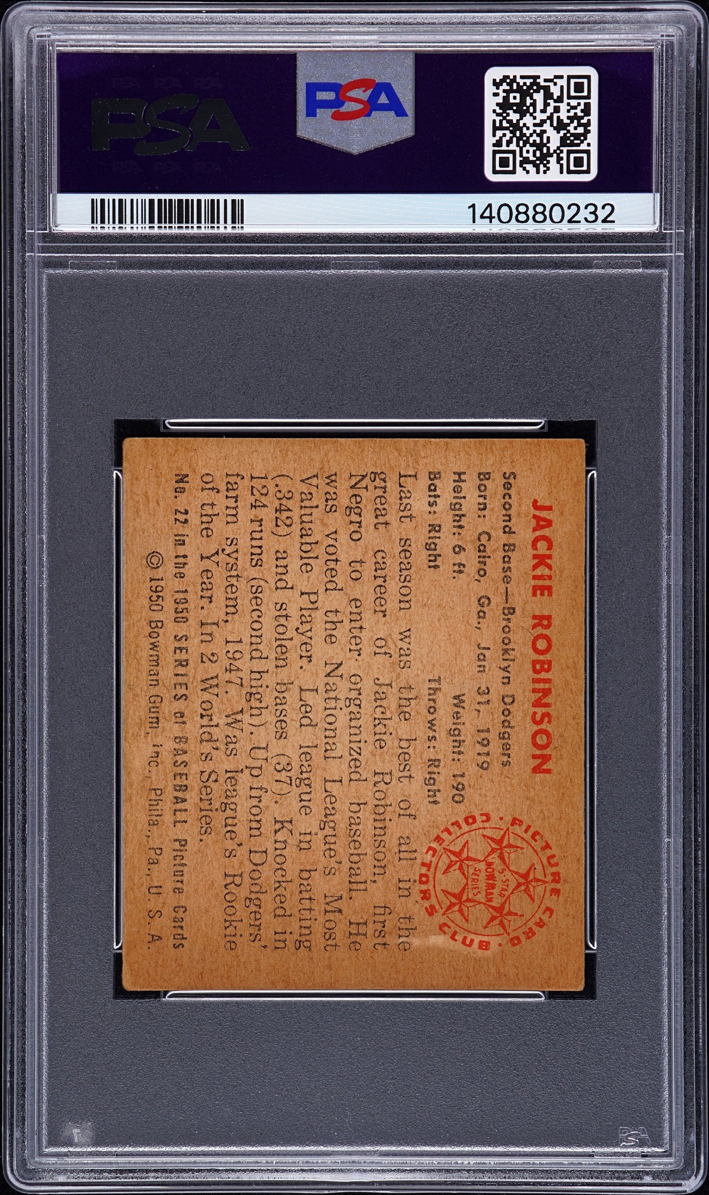 1950 Bowman #22 Jackie Robinson PSA 3 VG Nice Eye Appeal New Label