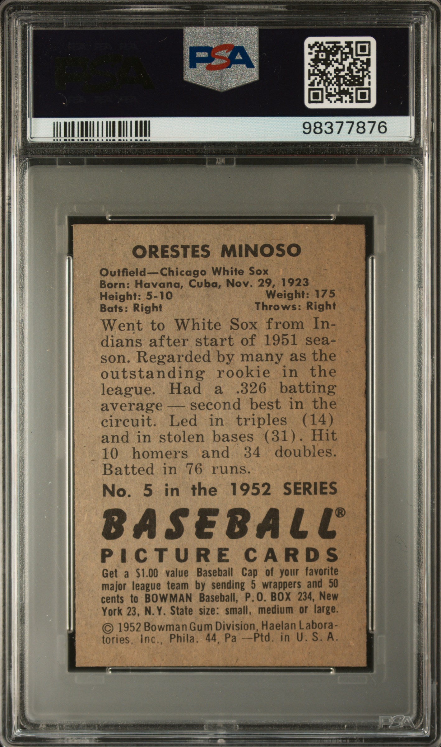1952 Bowman #5 Orestes Minnie Minoso RC Rookie PSA 8 NM-MT STUNNING New Label