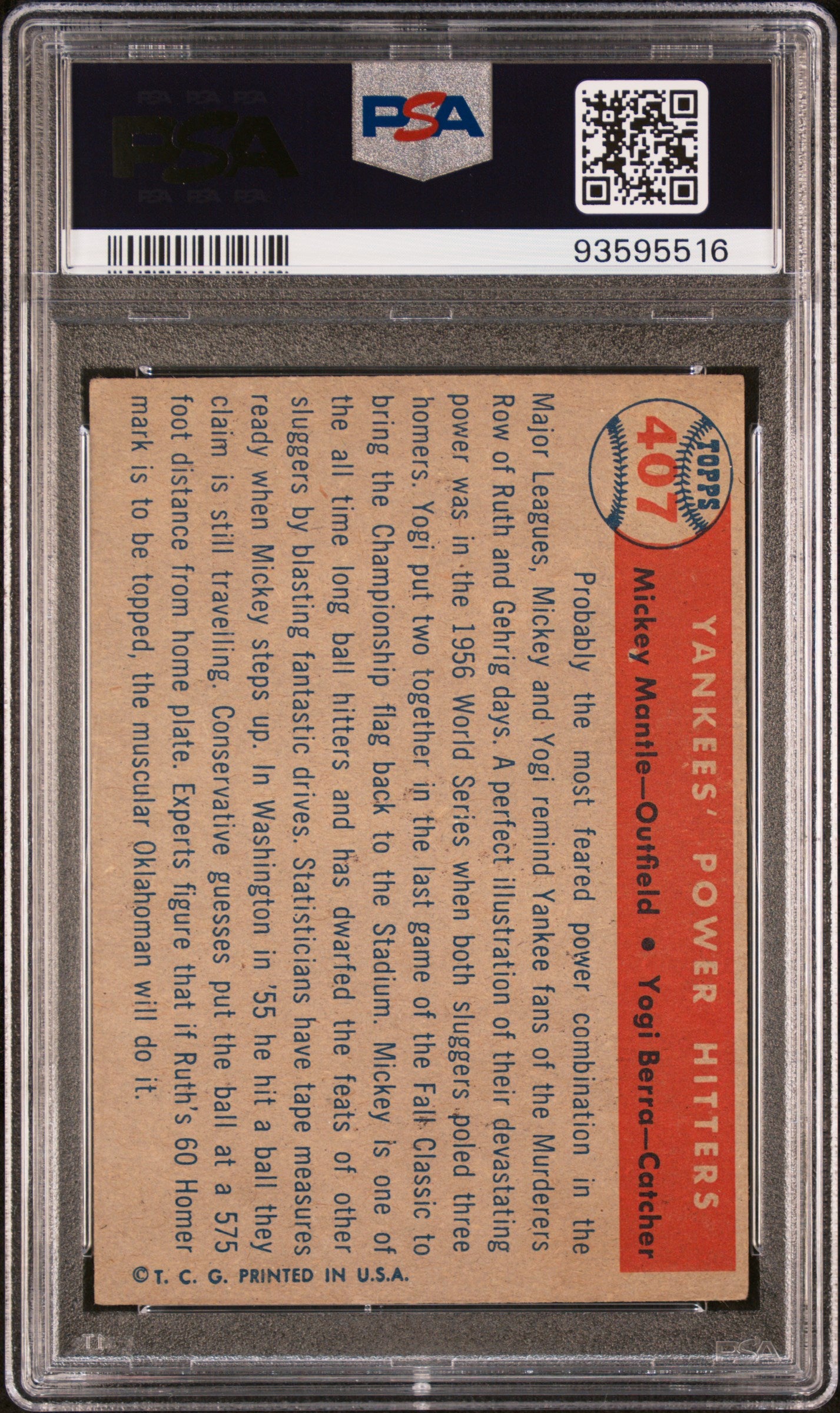 1957 Topps #407 Mickey Mantle Berra Yankees' Power Hitters PSA 4 VG-EX New Label