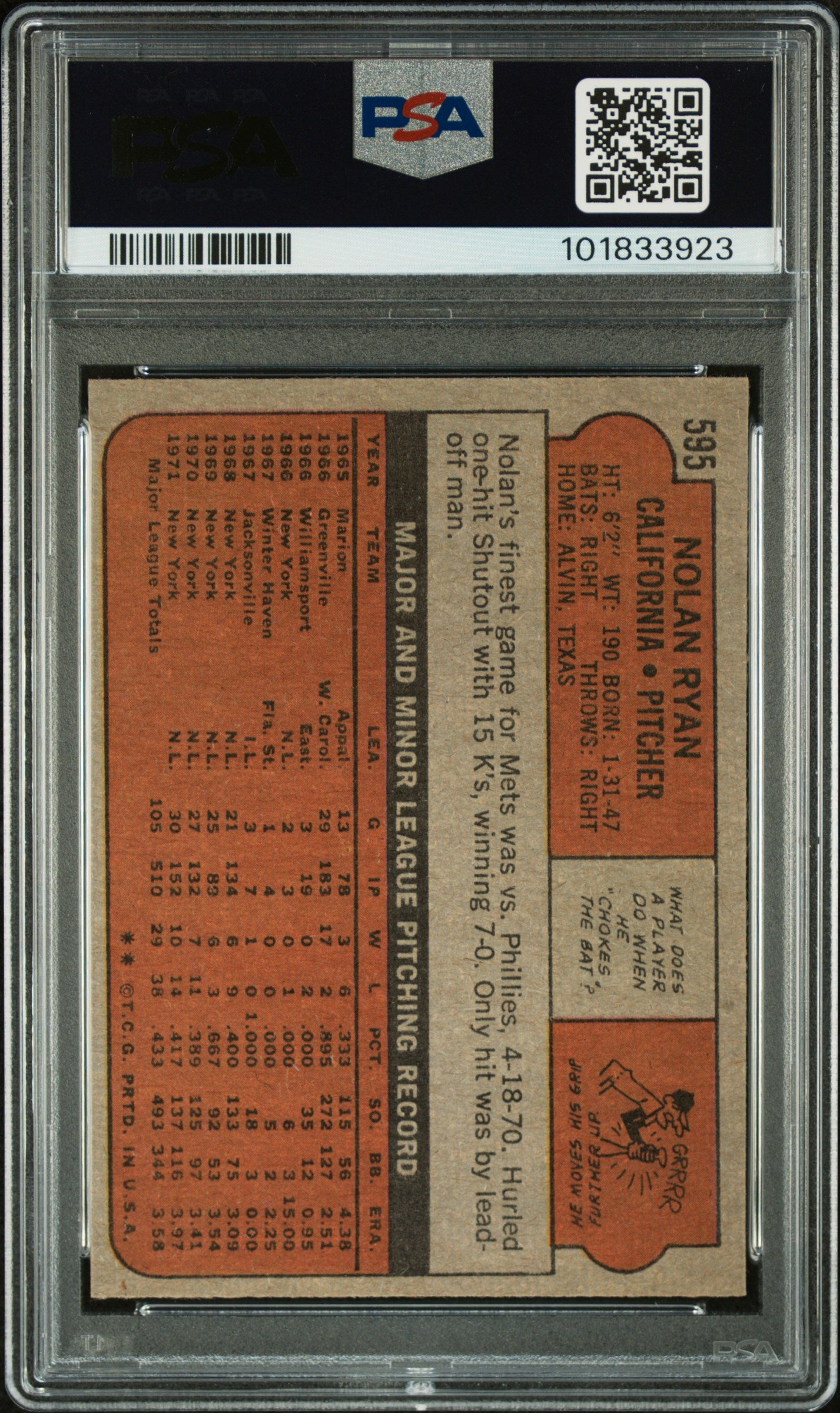 1972 Topps #595 Nolan Ryan PSA 7 NM Near Mint Well Centered New Label