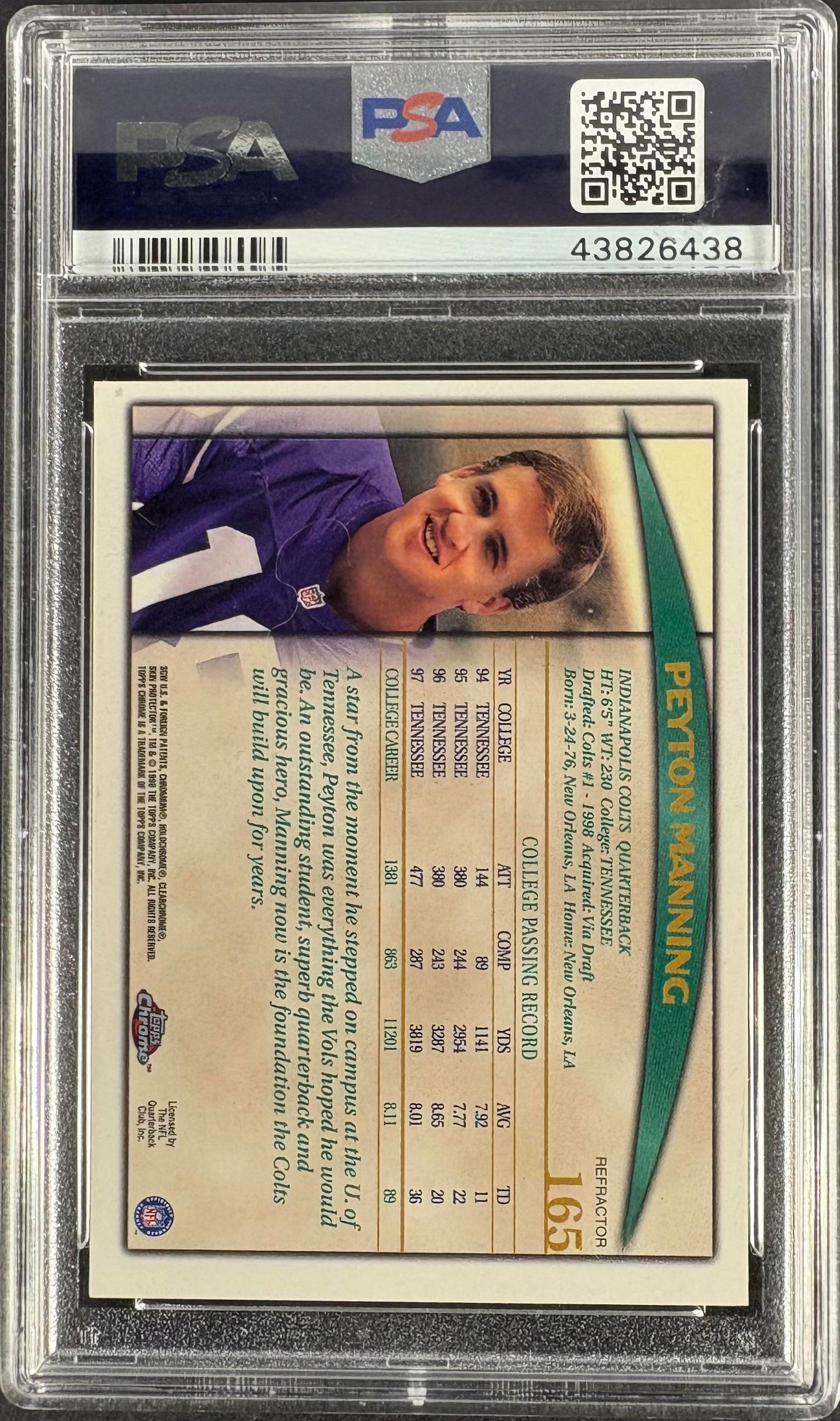 1998 Topps Chrome #360 Peyton Manning REFRACTOR RC Rookie PSA 8 NM-MT