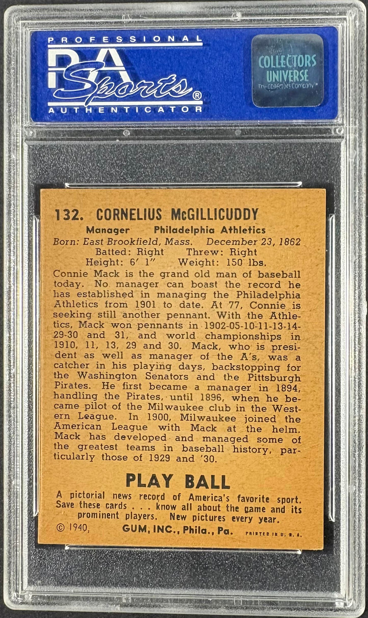 1940 Play Ball #132 Connie Mack PSA 7 NM Near Mint