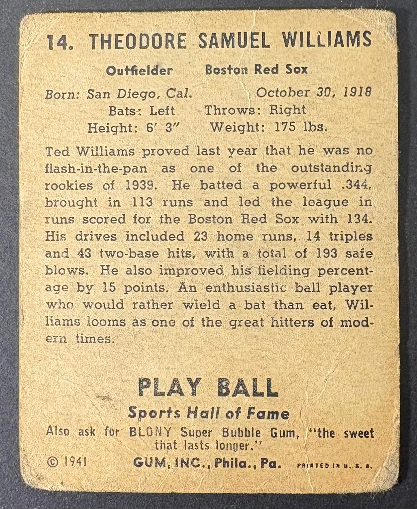 1941 Play Ball #14 Ted Williams Well Centered Lower Grade (creasing)