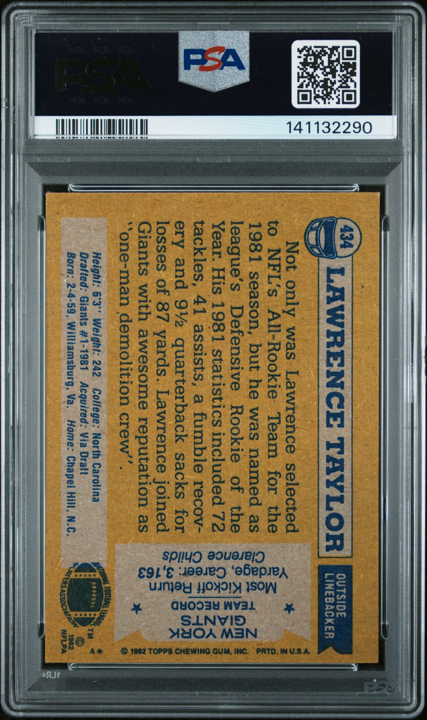 1982 Topps #434 Lawrence Taylor RC Rookie PSA Authentic AUTO Autograph