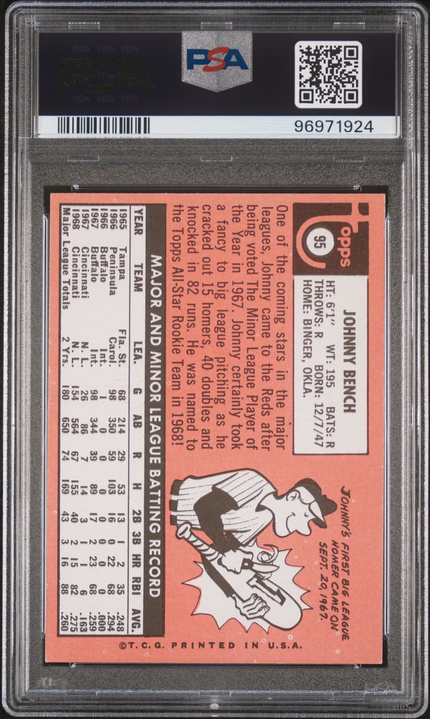1969 Topps #95 Johnny Bench PSA 6 / 10 AUTO Autograph