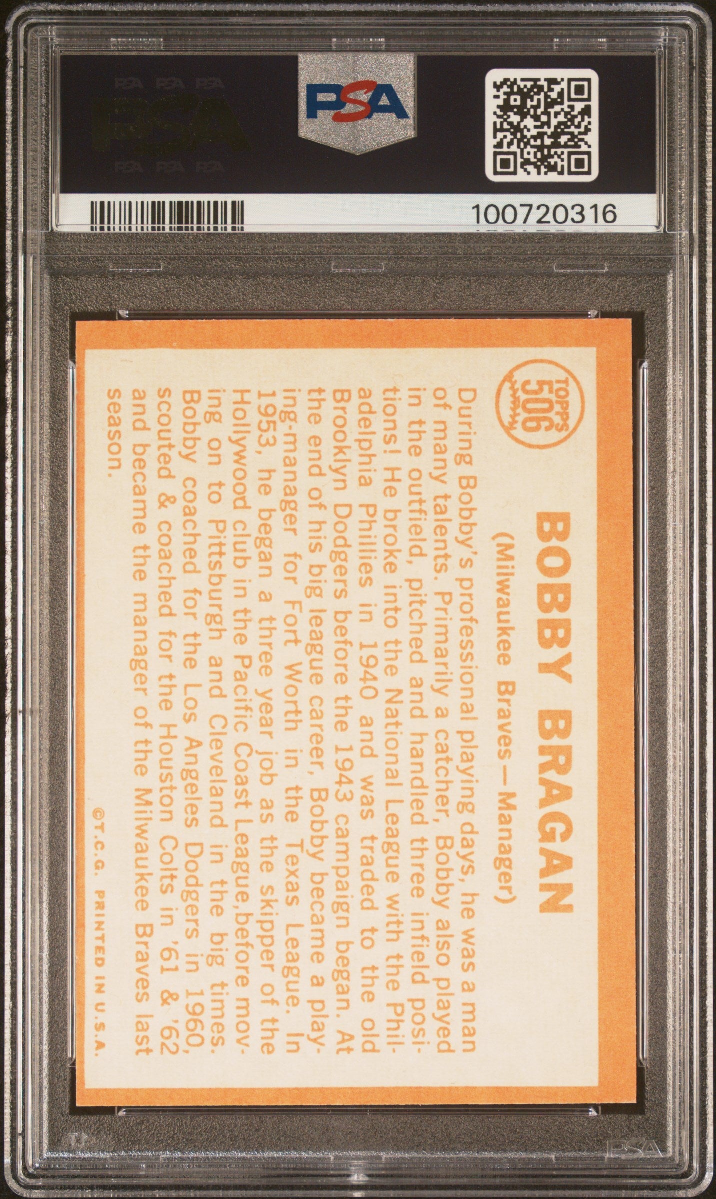 1964 Topps #506 Bobby Bragan PSA 9 MINT New Label