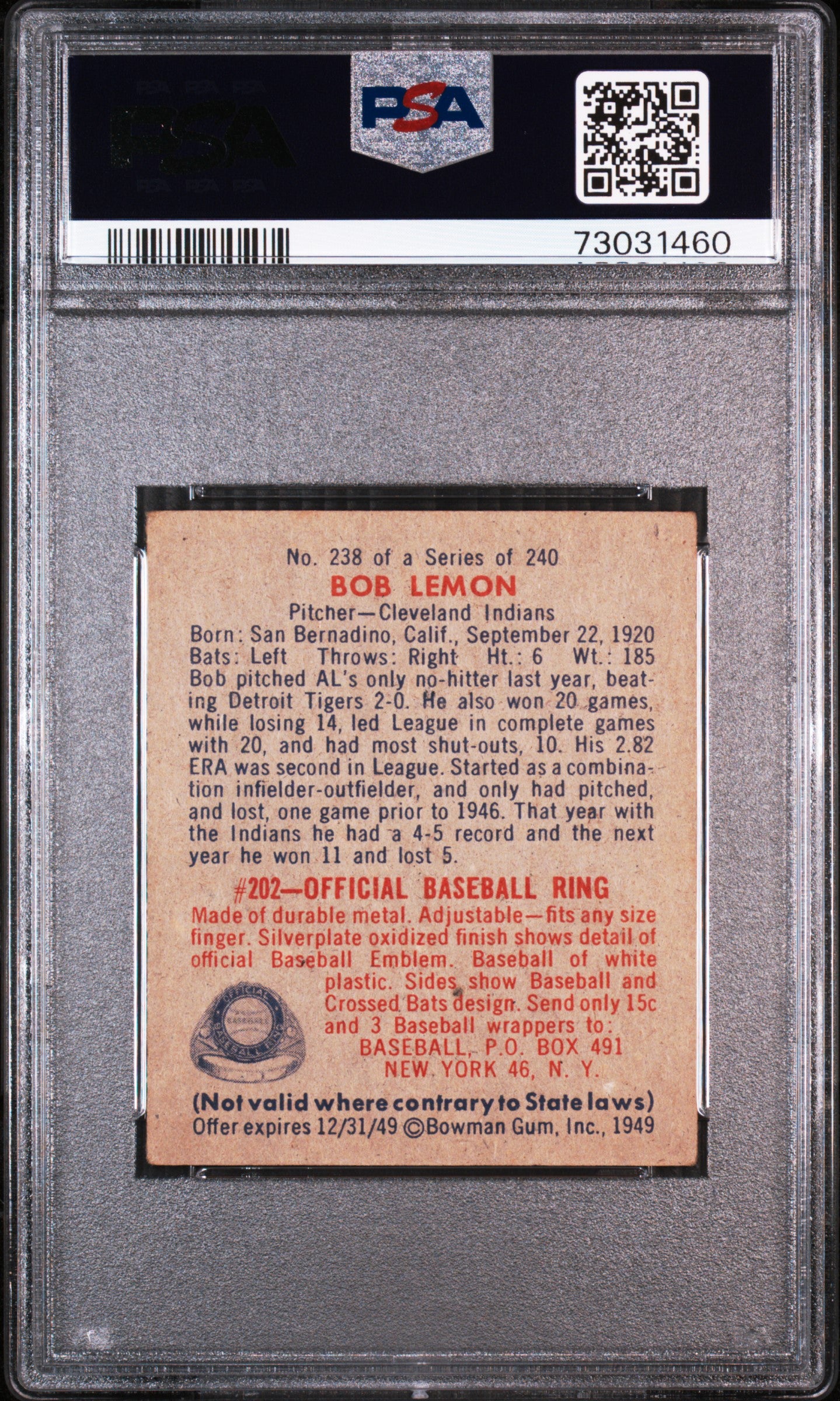 1949 Bowman #238 Bob Lemon RC Rookie PSA 4 VG-EX Well Centered New Label