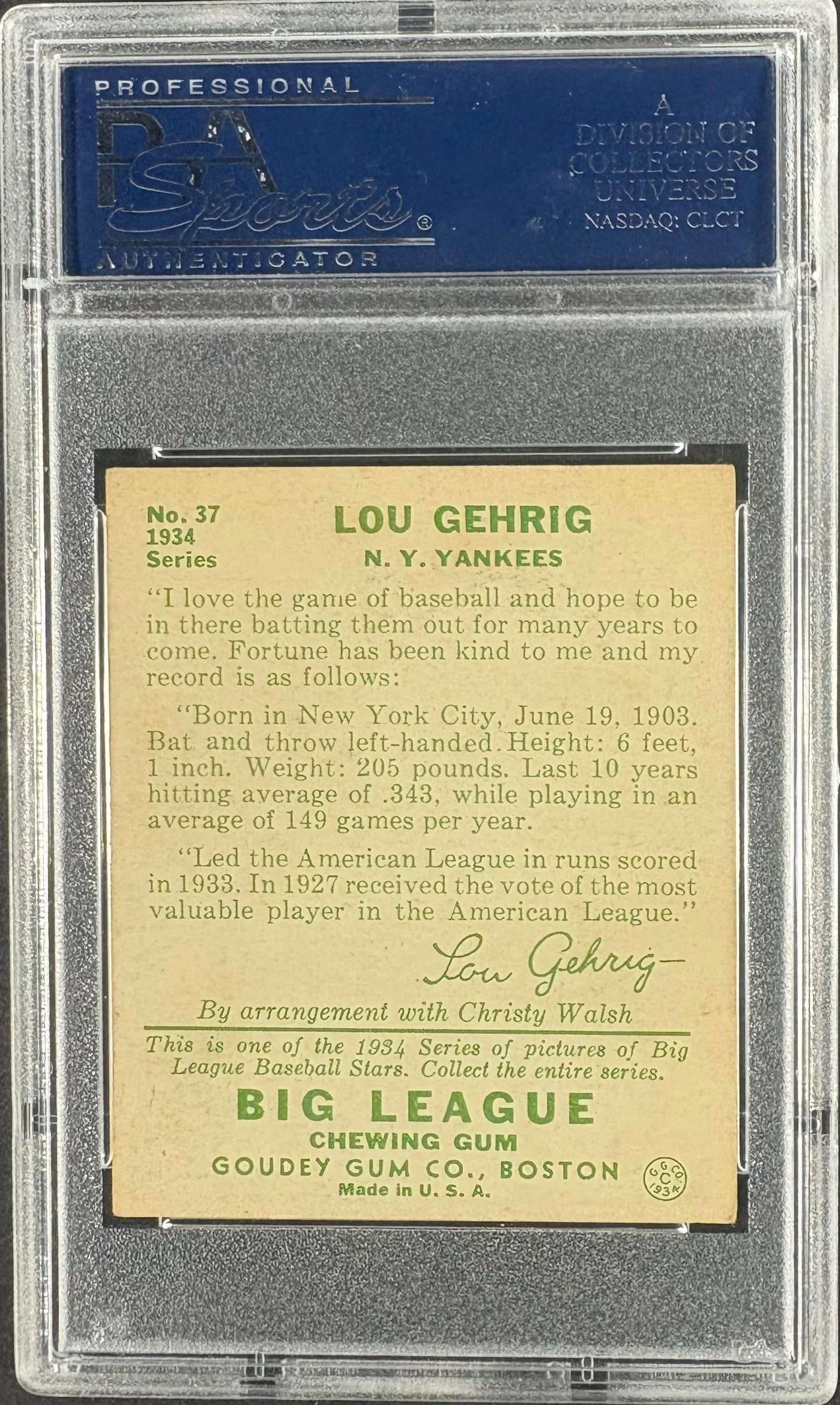 1934 Goudey (R320) #37 Lou Gehrig PSA 4 VG-EX Nice Eye Appeal