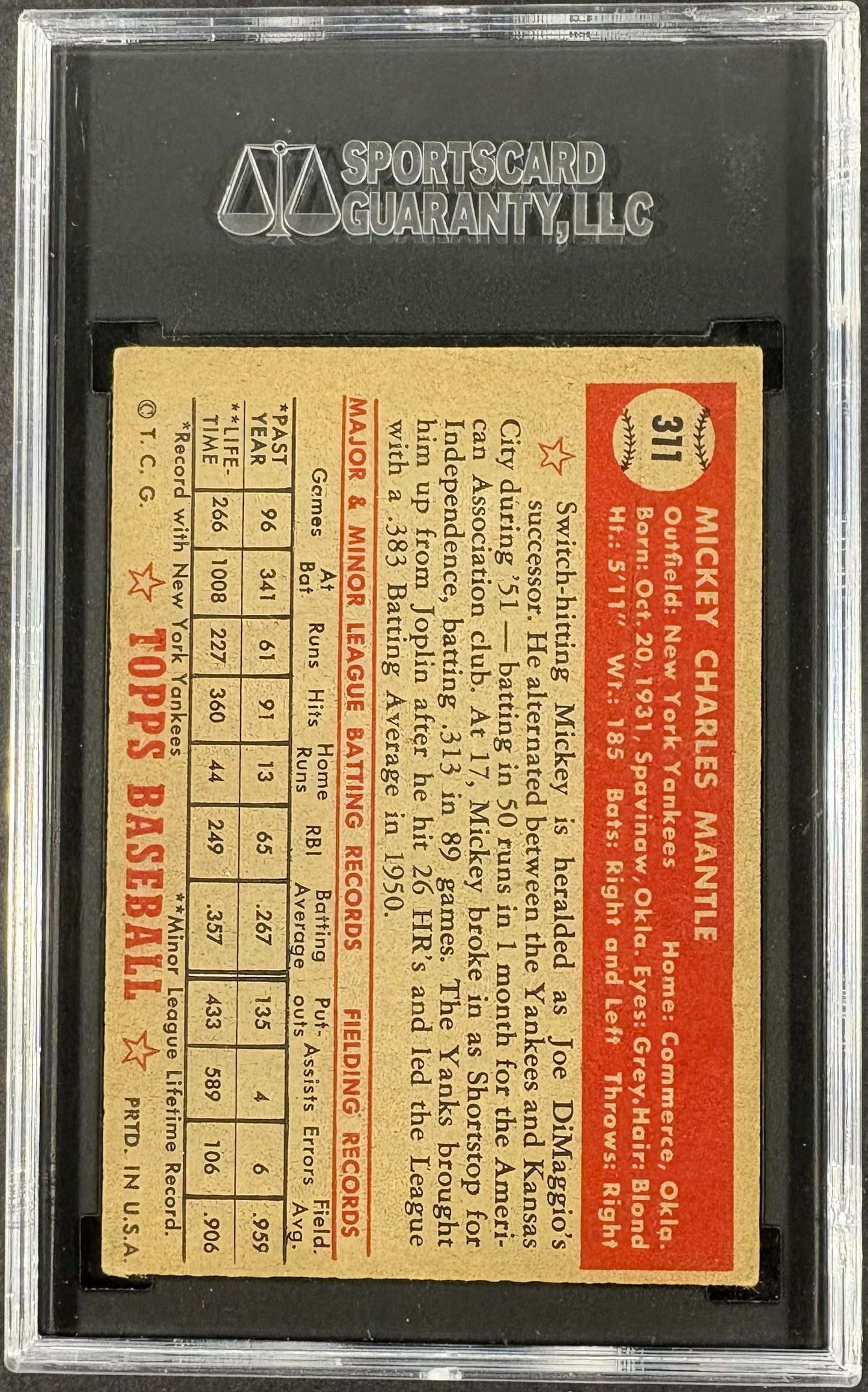 1952 Topps #311 Mickey Mantle SGC 1 Nice Eye Appeal
