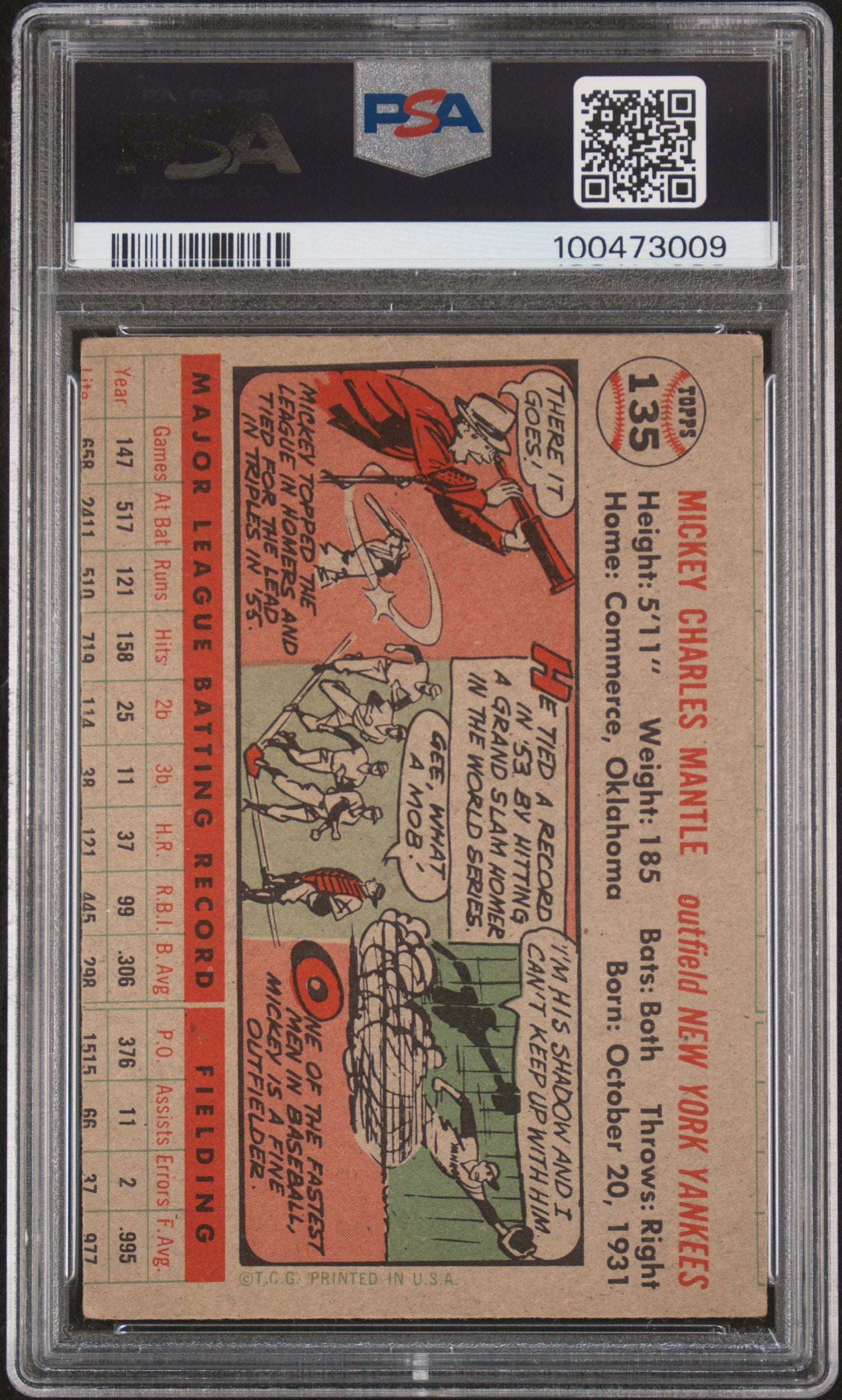 1956 Topps #135 Mickey Mantle Gray Back PSA 3 mc Nice Eye Appeal