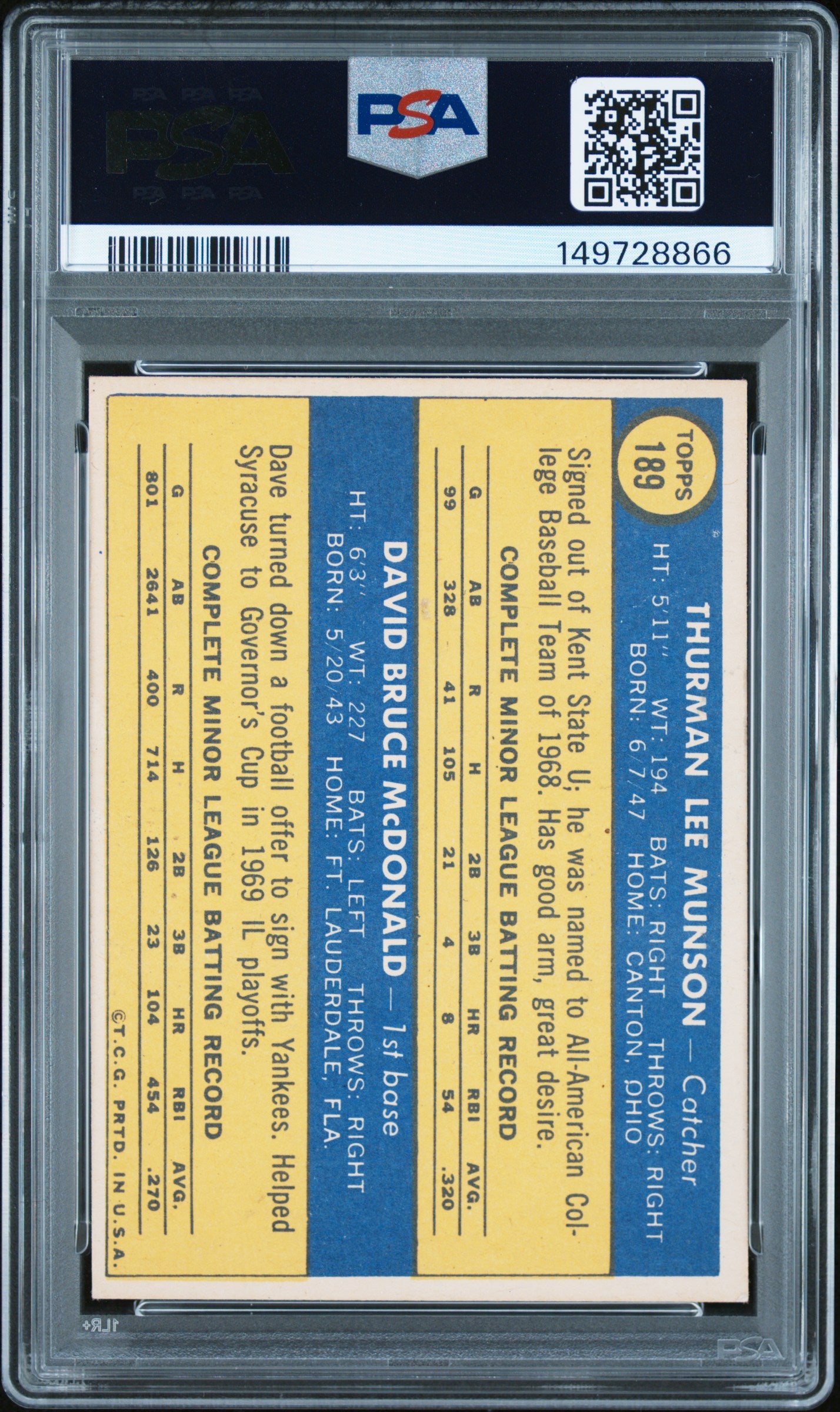 1970 Topps #189 Thurman Munson RC Rookie PSA 4.5 VG-EX+ New Label