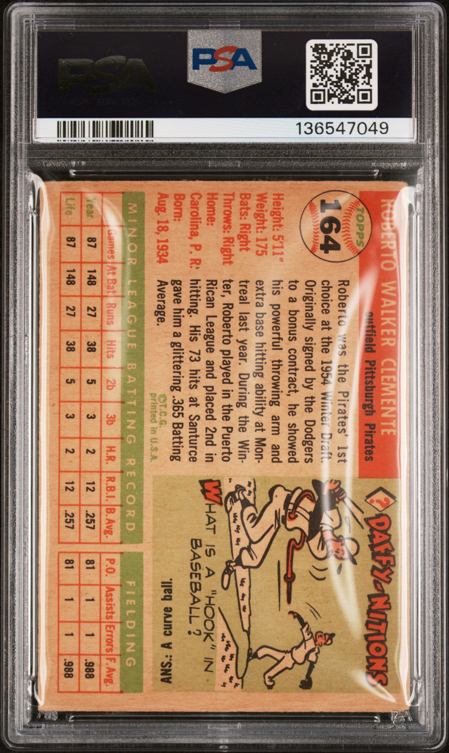 1955 Topps #164 Roberto Clemente RC Rookie PSA 3 VG New Label