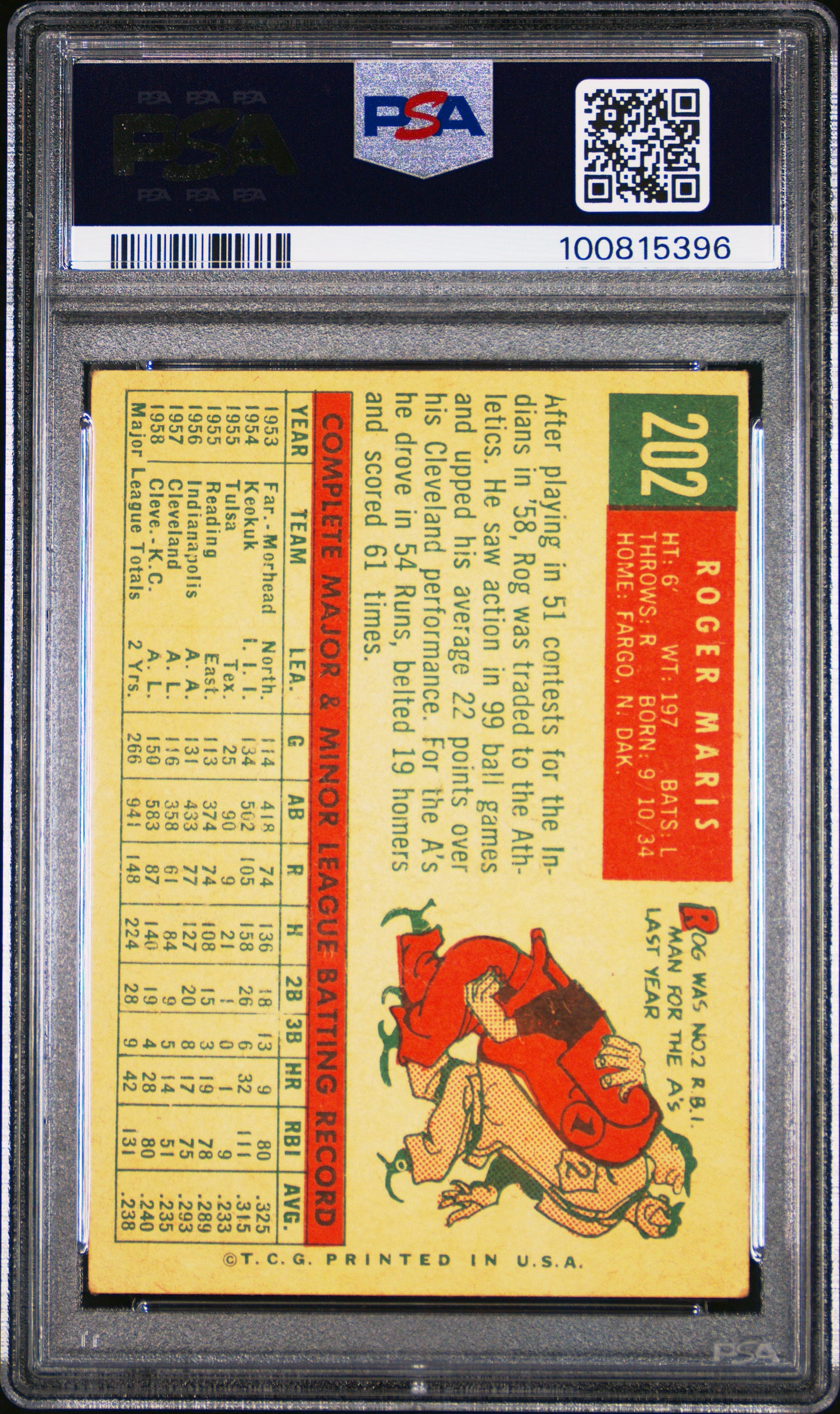 1959 Topps #202 Roger Maris Gray Back PSA 4 VG-EX New Label