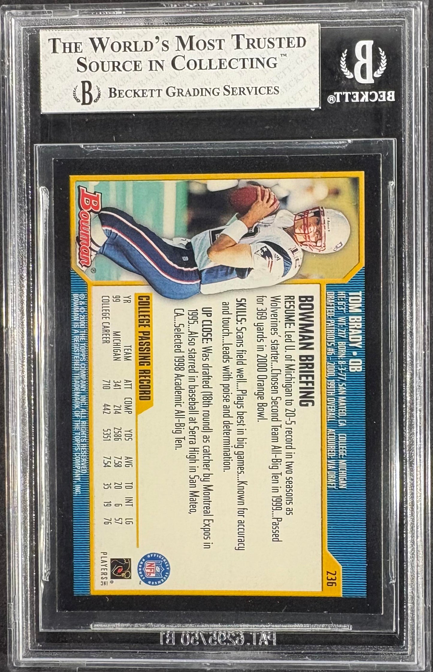 2000 Bowman #236 Tom Brady RC Rookie BGS 8 Well Centered