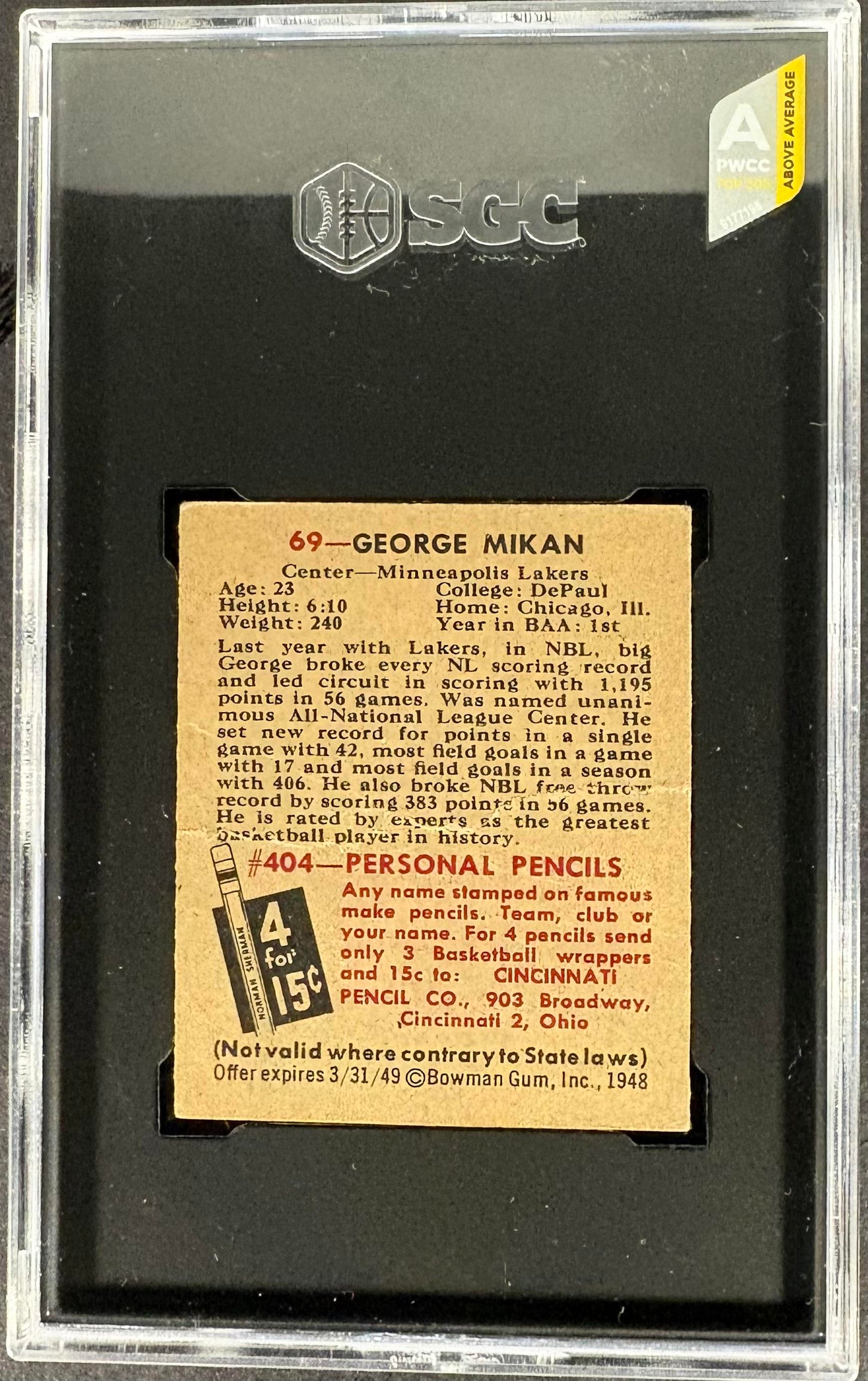 1948 Bowman #69 George Mikan RC Rookie SGC 3 PWCC-A TOP 30% EYE APPEAL
