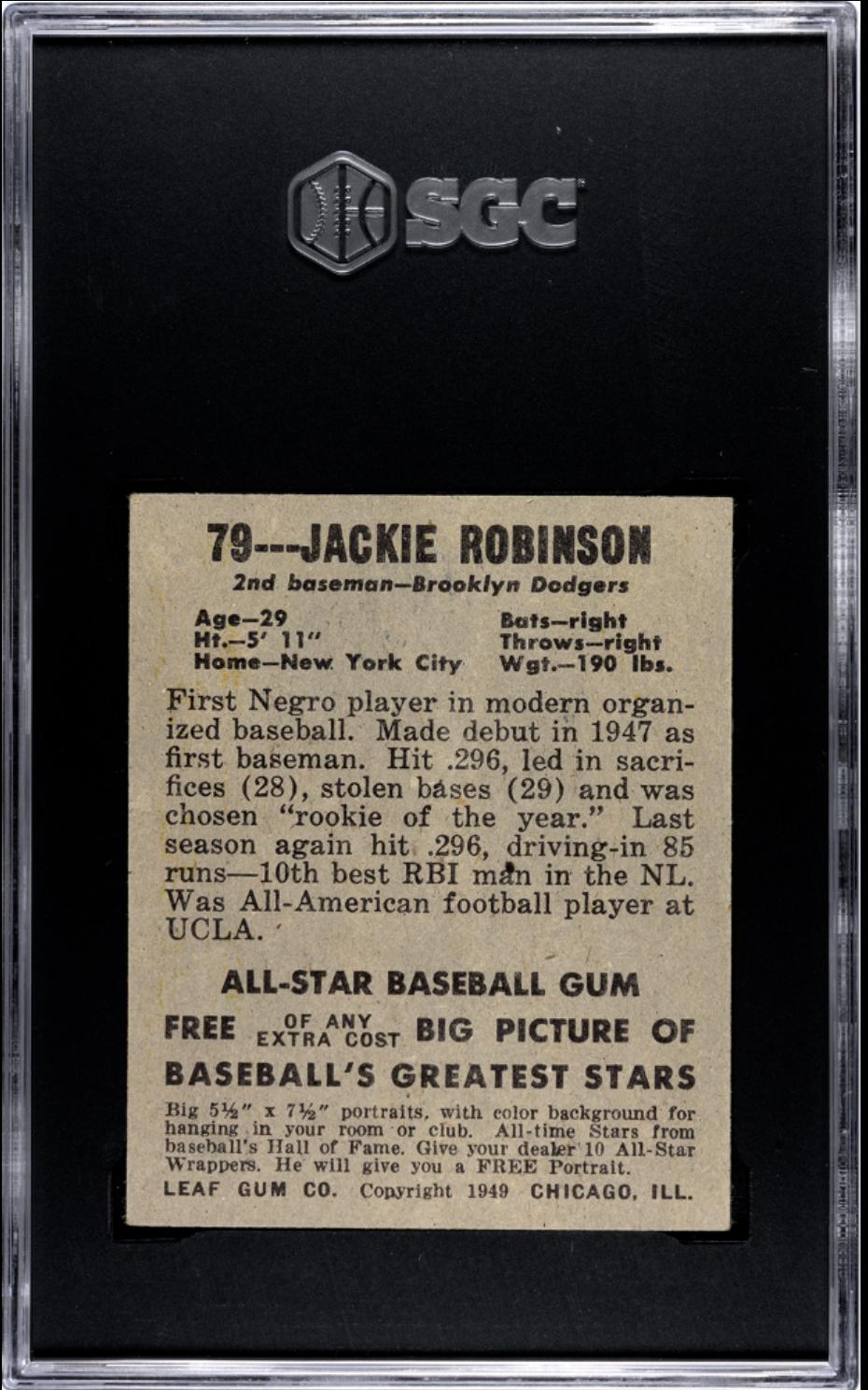 1948-49 Leaf #79 Jackie Robinson RC Rookie SGC 4 VG-EX SHARP + Nice Color