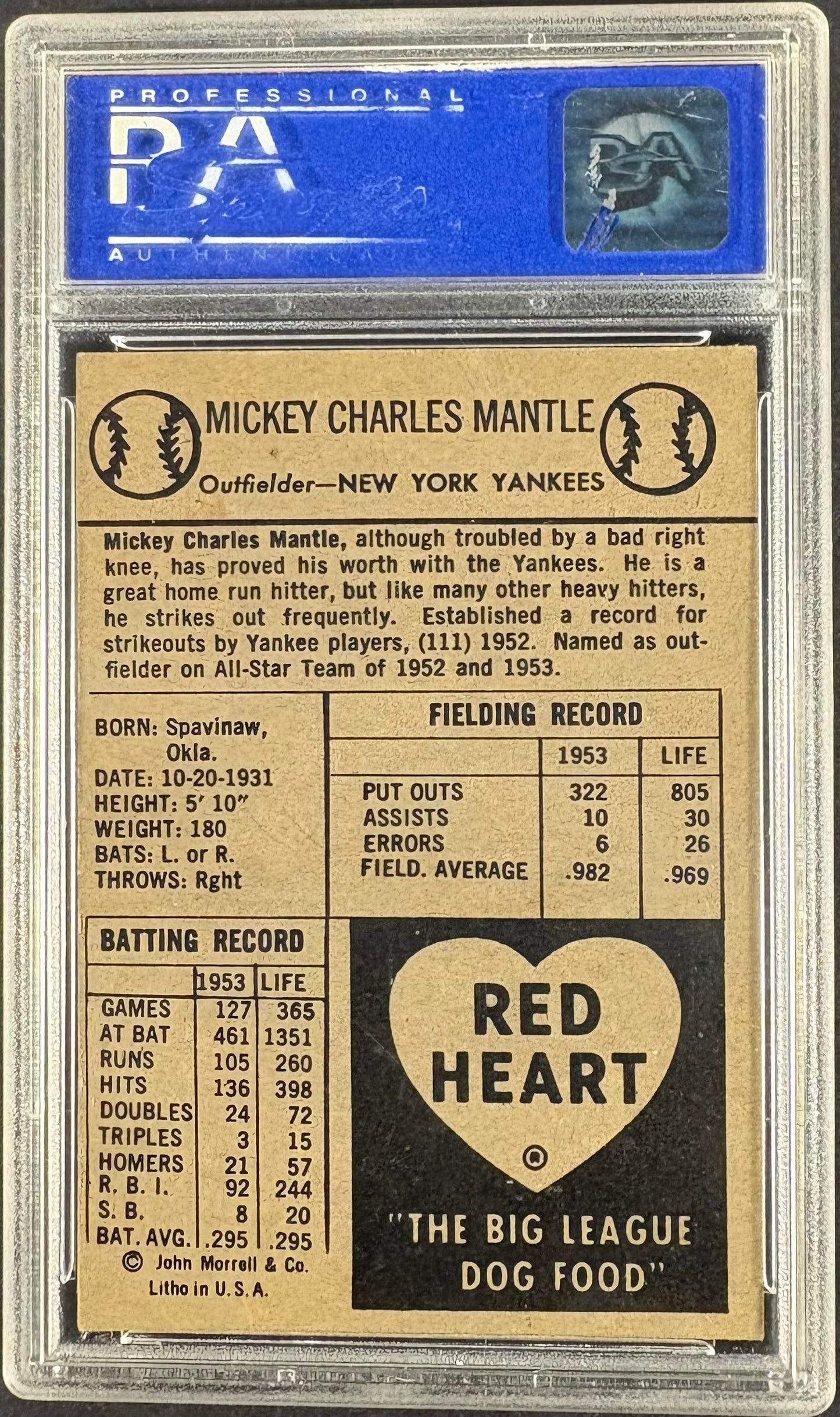 1954 Red Heart Dog Food Mickey Mantle PSA 4 VG-EX SHARP + Nice Color