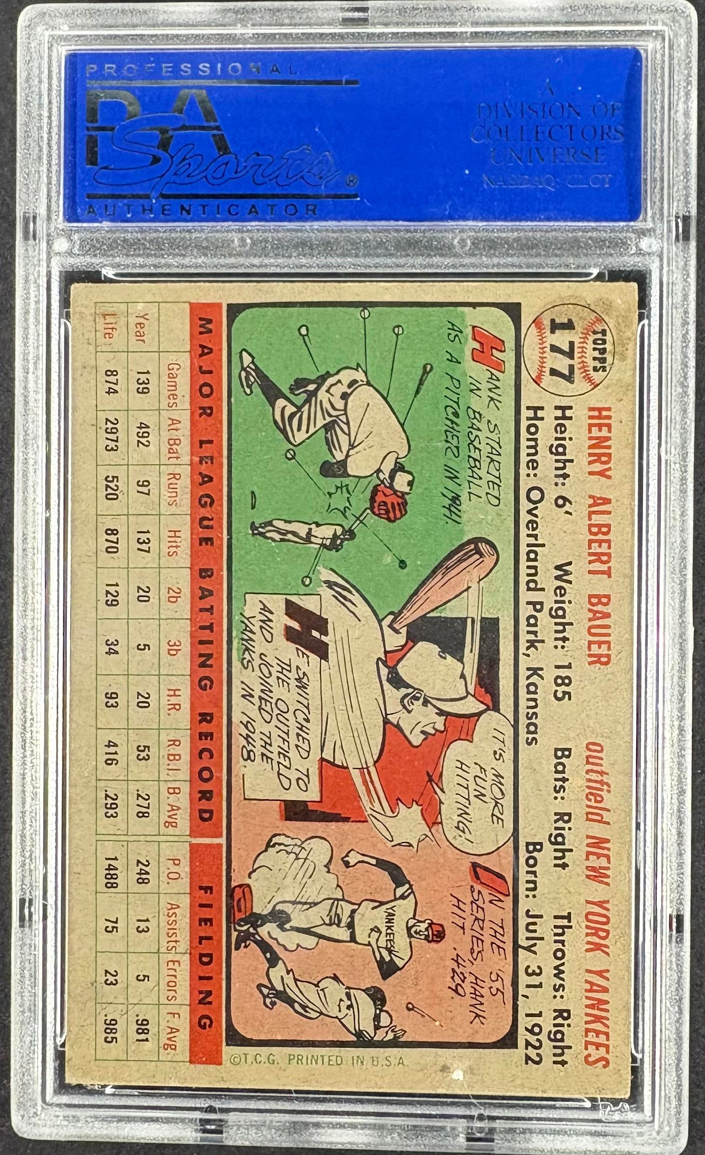 1956 Topps #177 Hank Bauer White Back PSA 6