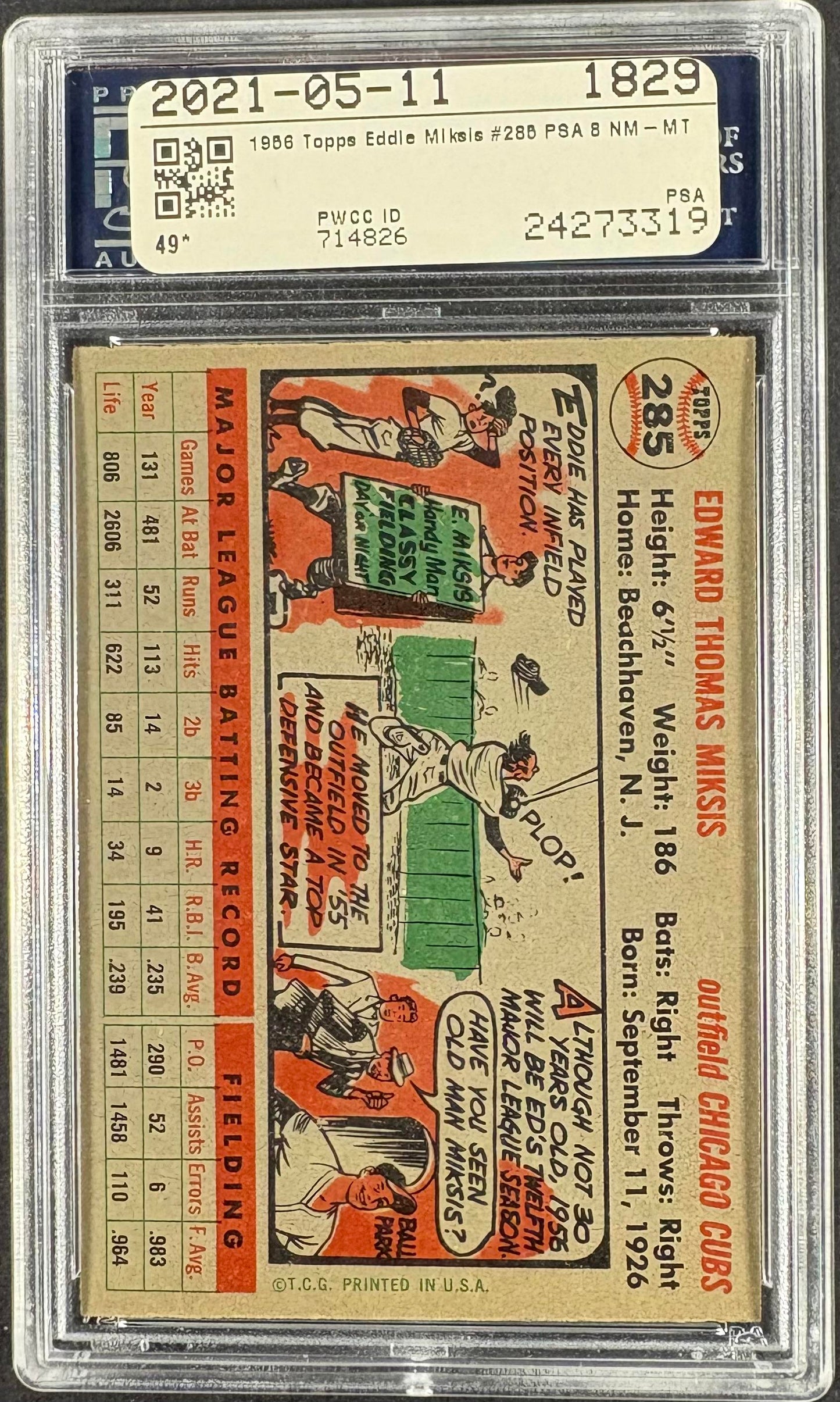 1956 Topps #285 Eddie Miksis PSA 8 NM-MT High Grade