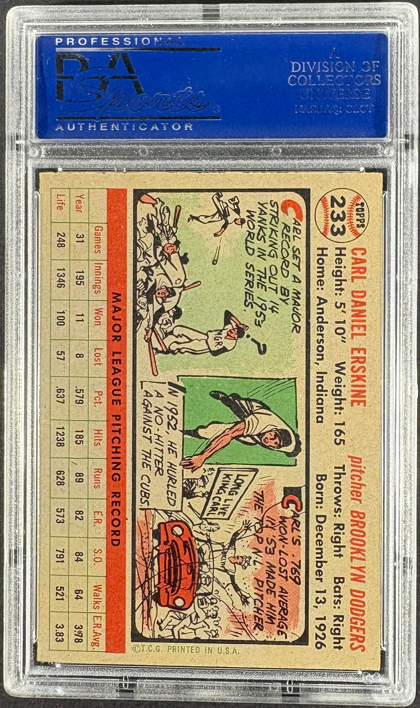 1956 Topps #233 Carl Erskine PSA 8 NM-MT High Grade