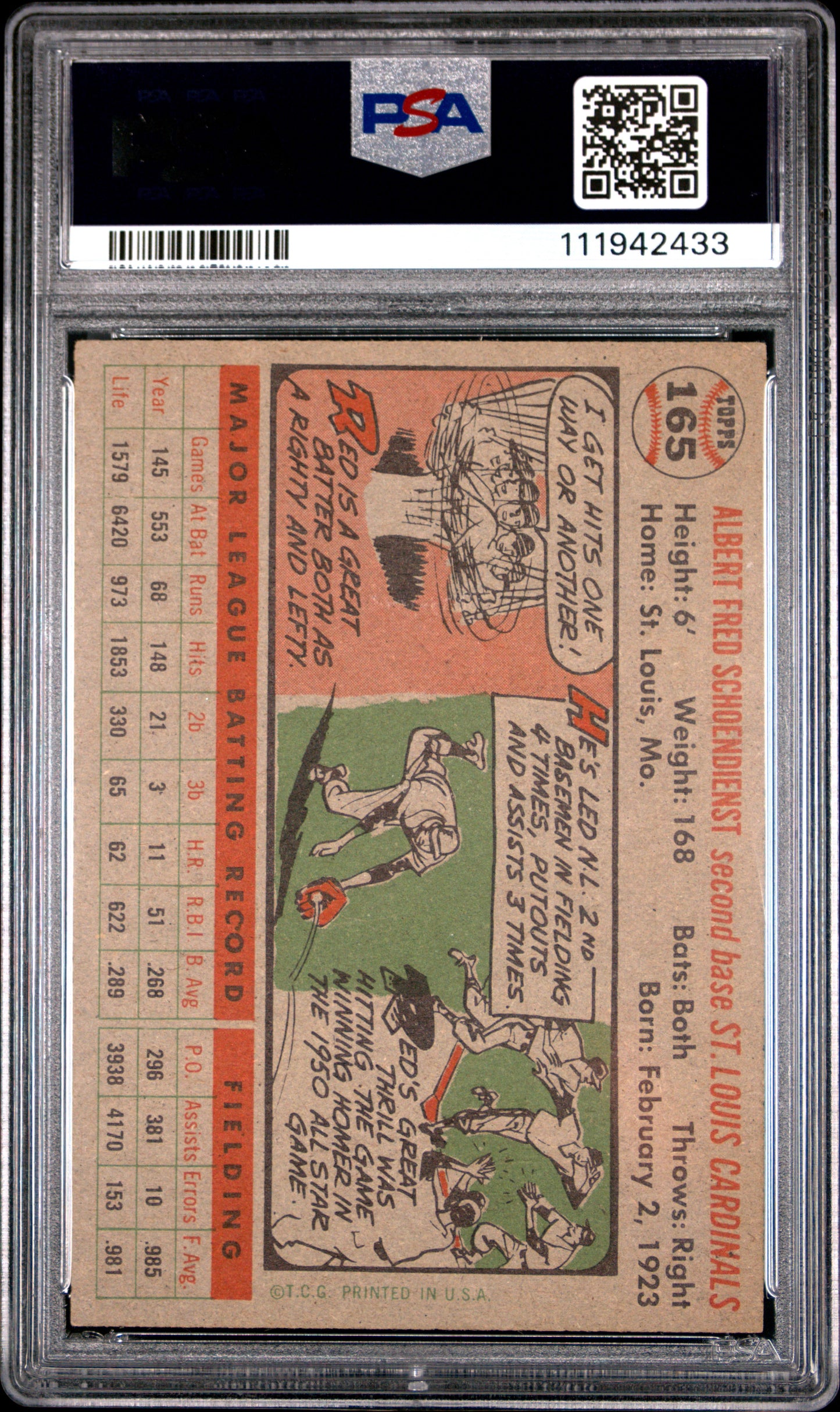 1956 Topps #165 Red Schoendienst Gray Back PSA 7 NM Near Mint New Label
