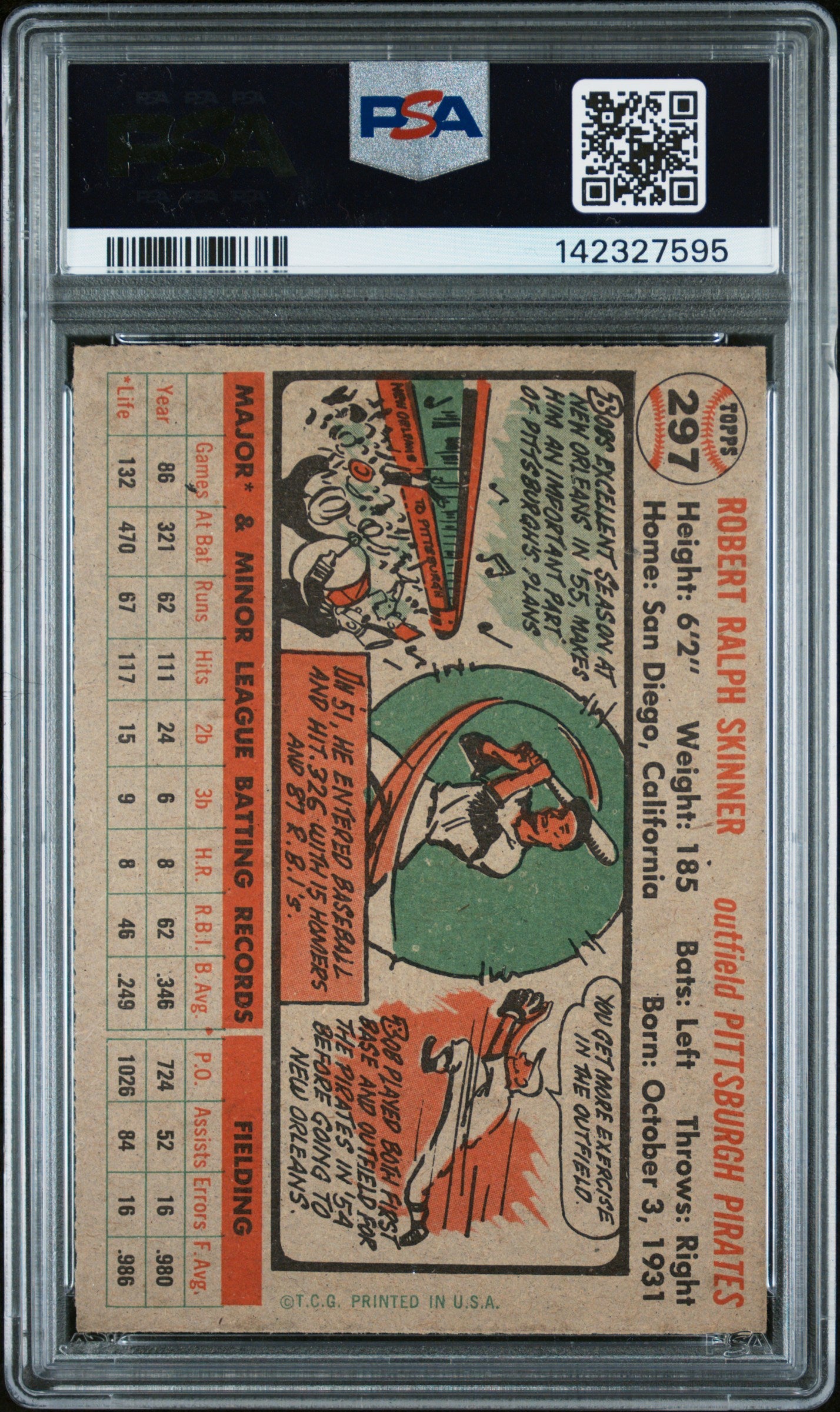 1956 Topps #297 Bob Skinner PSA 8 NM-MT High Grade New Label
