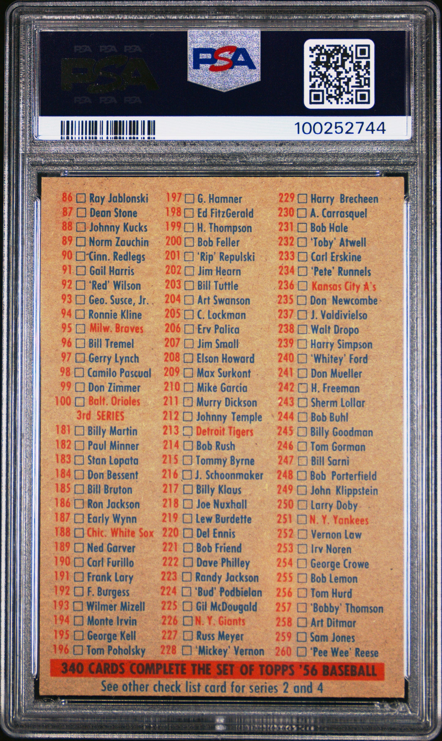 1956 Topps Checklist 1/3 PSA 7 NM Near Mint New Label