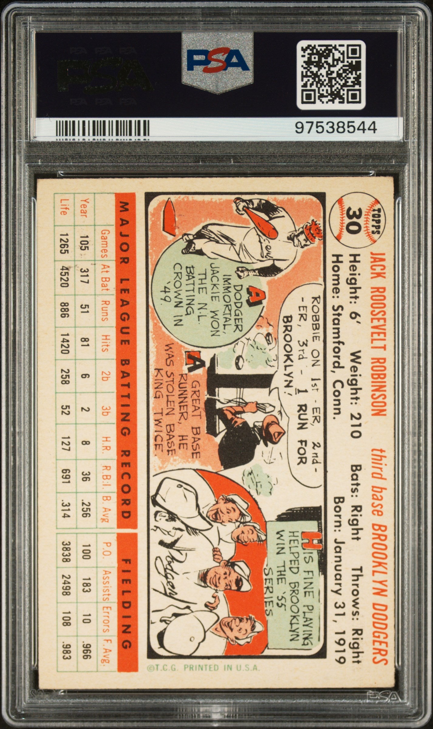 1956 Topps #30 Jackie Robinson White Back PSA 4 VG-EX New Label