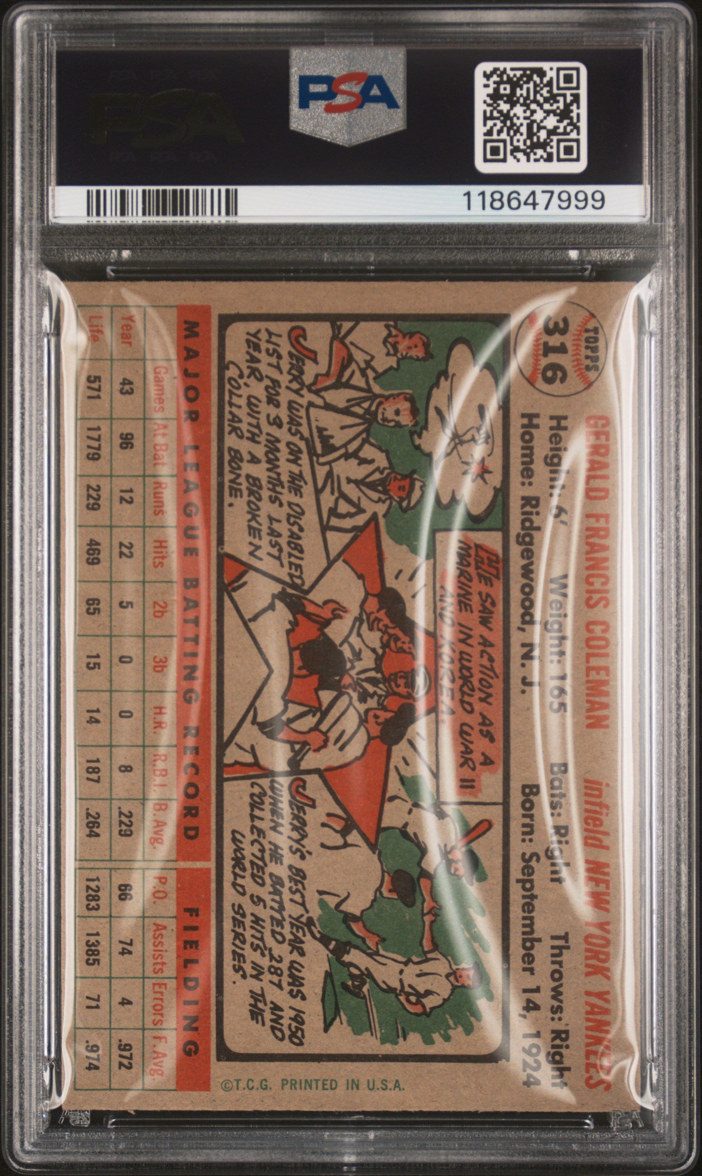 1956 Topps #316 Jerry Coleman PSA 7 NM Near Mint New Label