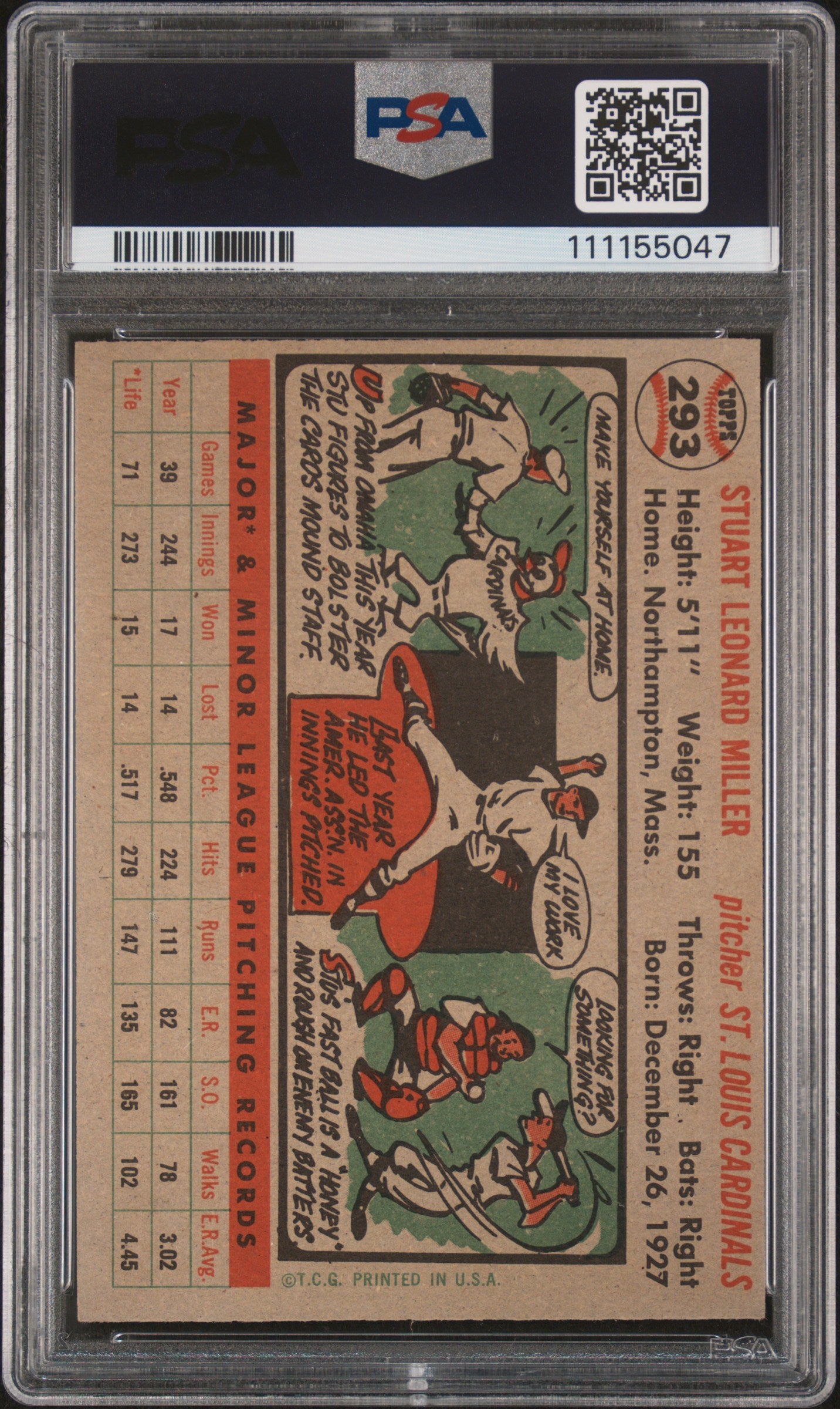 1956 Topps #293 Stu Miller PSA 7 NM Near Mint New Label