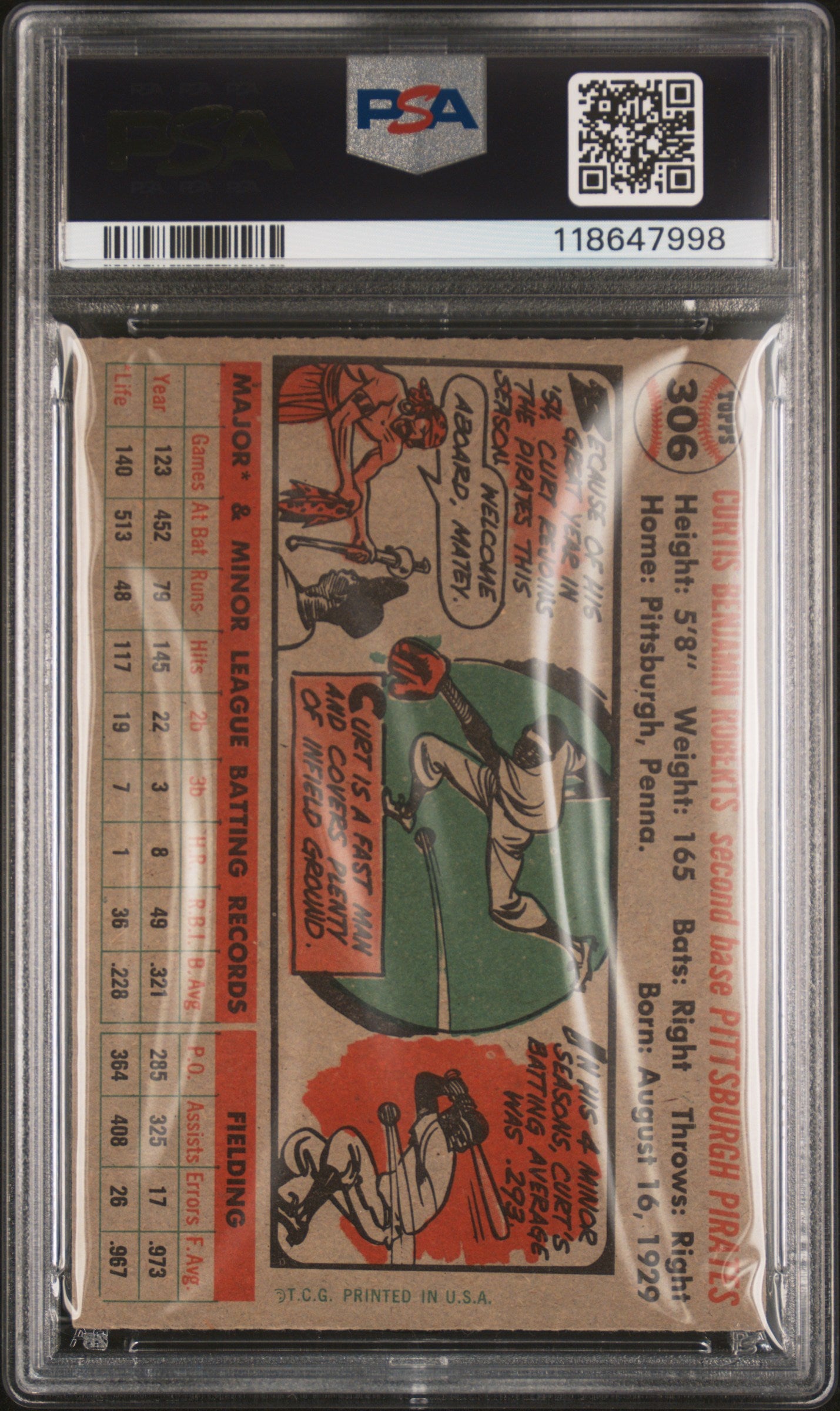 1956 Topps #306 Curt Roberts PSA 5 EX CENTERED New Label