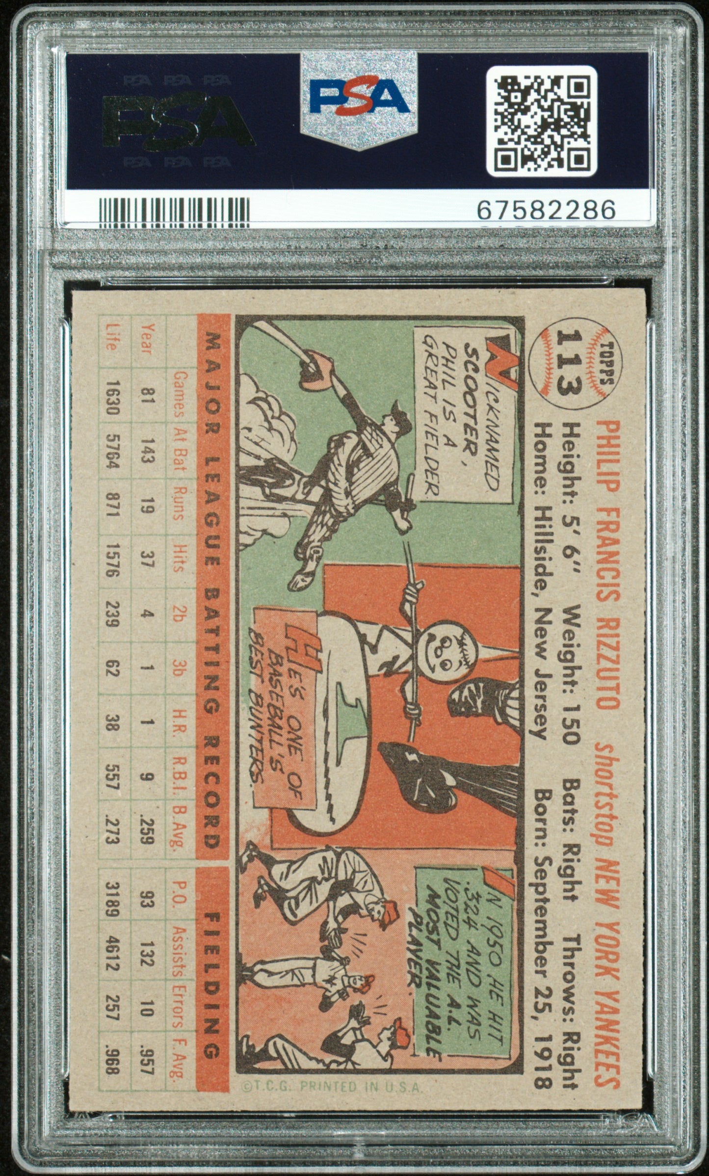 1956 Topps #113 Phil Rizzuto Gray Back PSA 6 EX-MT New Label