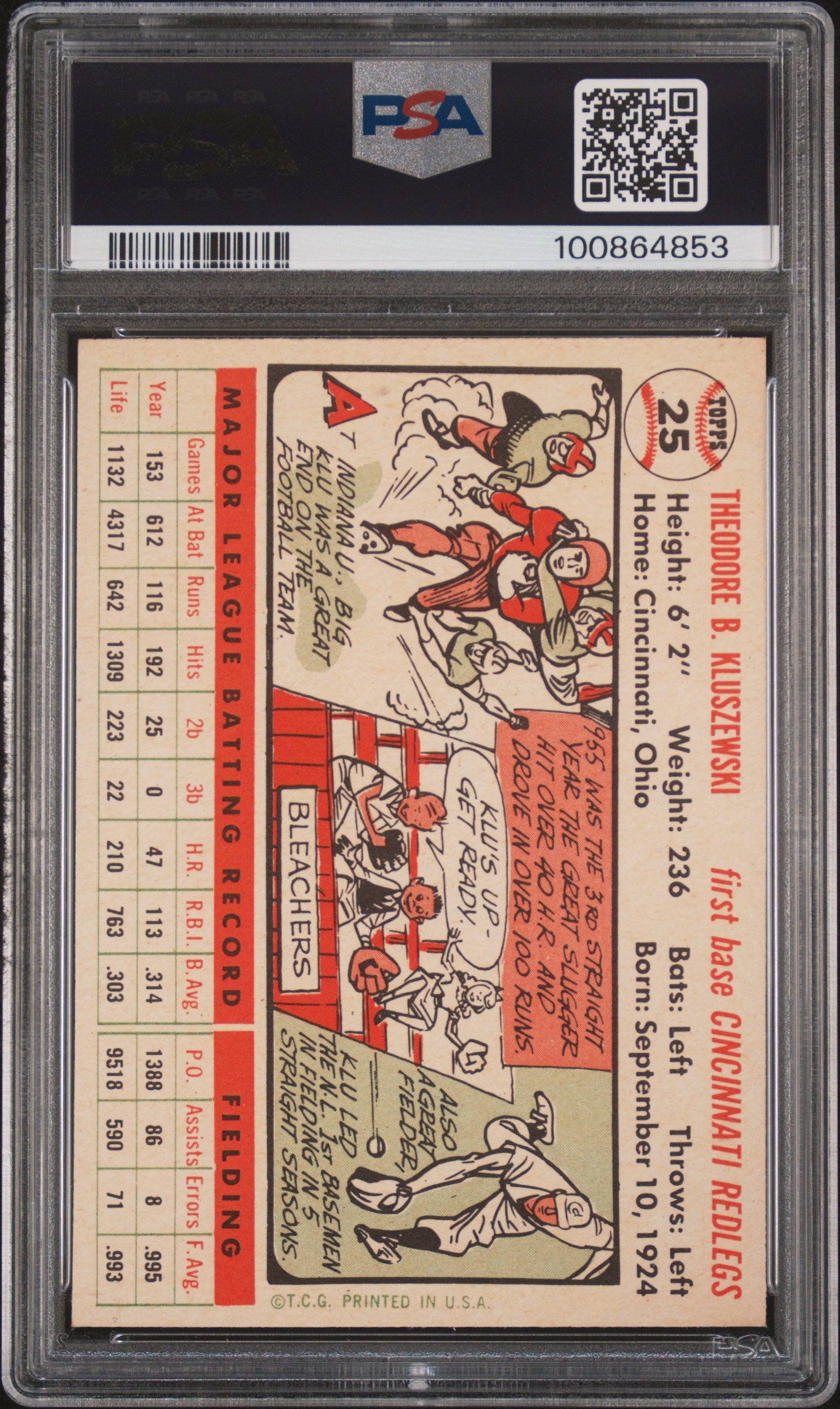 1956 Topps #25 Ted Kluszewski White Back PSA 8 NM-MT High Grade New Label