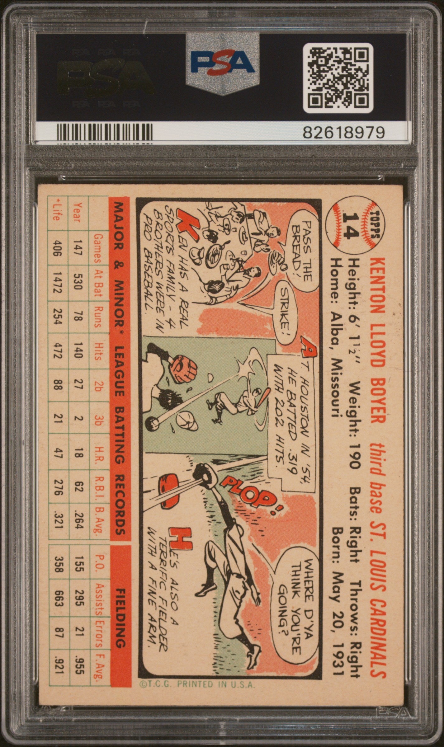 1956 Topps #14 Ken Boyer White Back PSA 7 NM New Label
