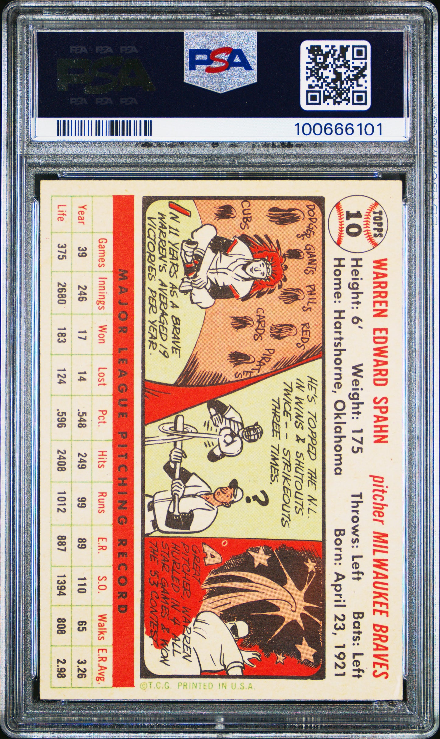 1956 Topps #10 Warren Spahn White Back PSA 8 NM-MT High Grade New Label