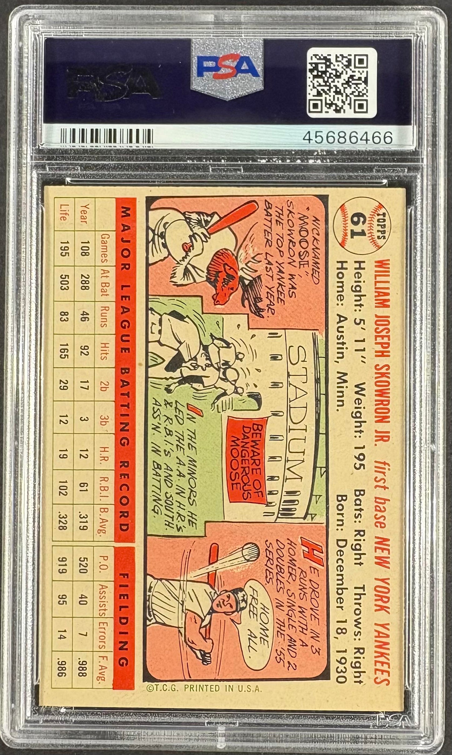 1956 Topps #61 Bill Skowron White Back PSA 8 NM-MT High Grade New Label