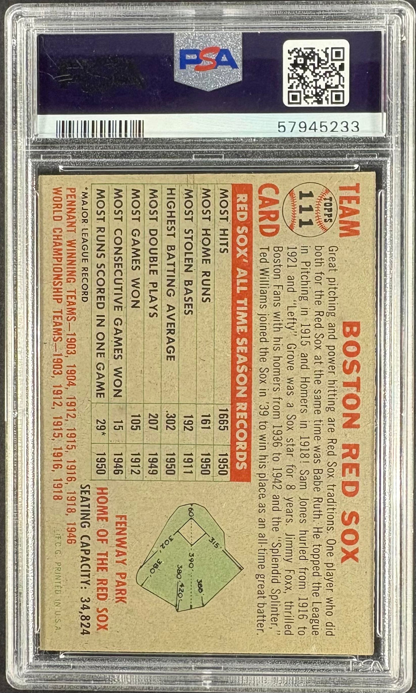 1956 Topps #111b Boston Red Sox Team Card PSA 7 NM Near Mint