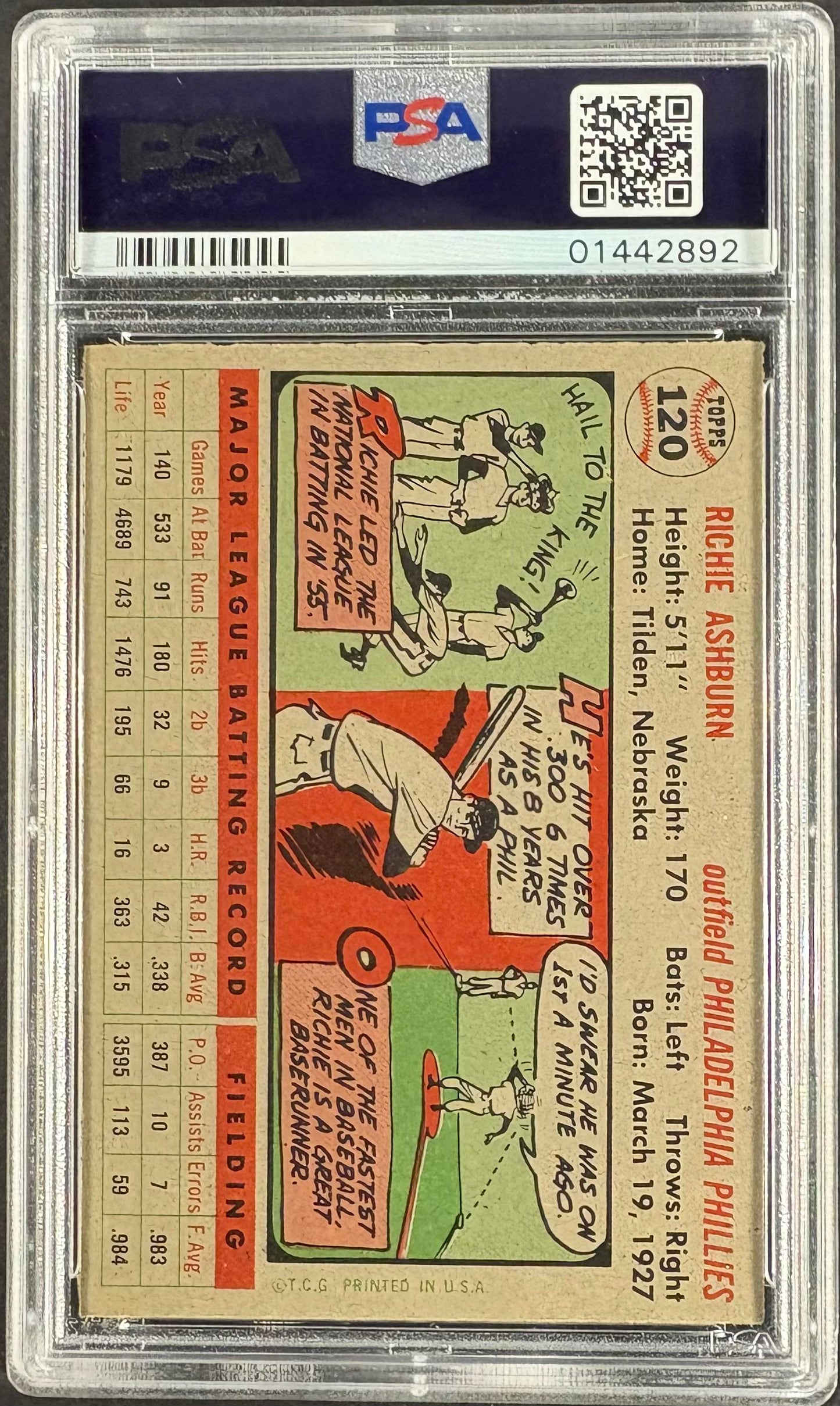 1956 Topps #120 Richie Ashburn PSA 8 NM-MT High Grade New Label