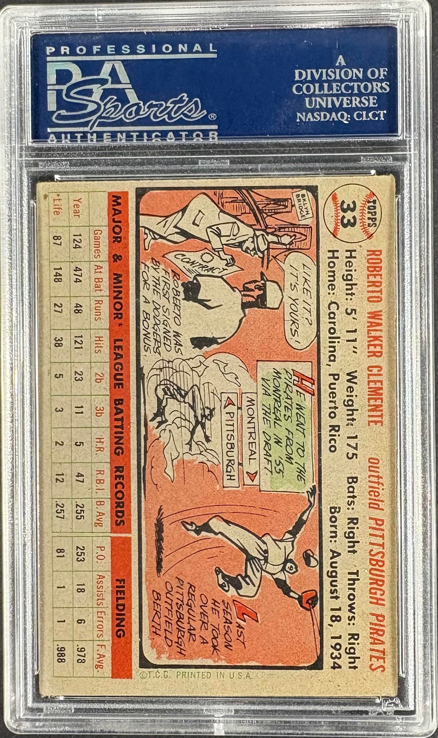 1956 Topps #33 Roberto Clemente Gray Back PSA 5 EX Well Centered