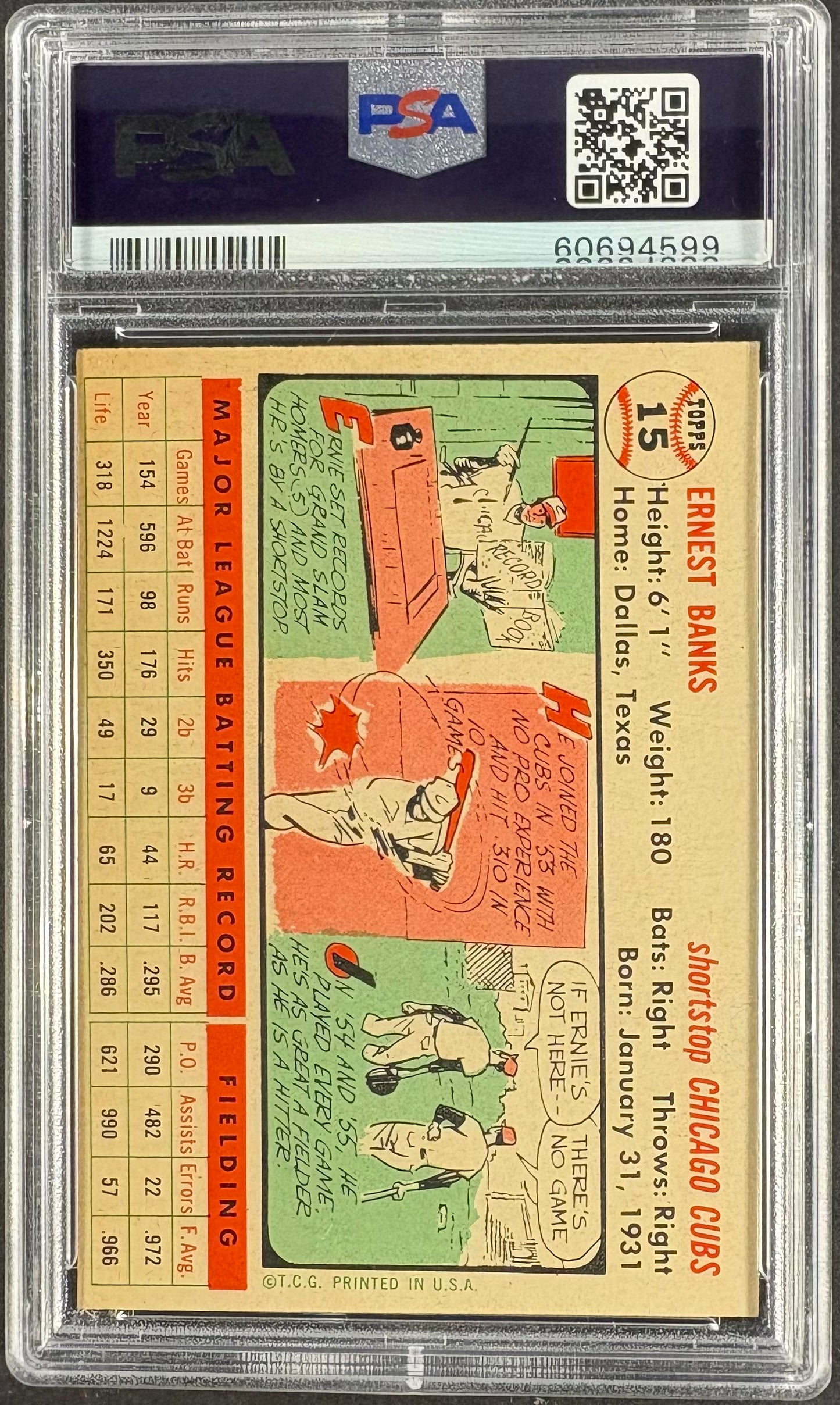 1956 Topps #15 Ernie Banks White Back PSA 6 EX-MT New Label