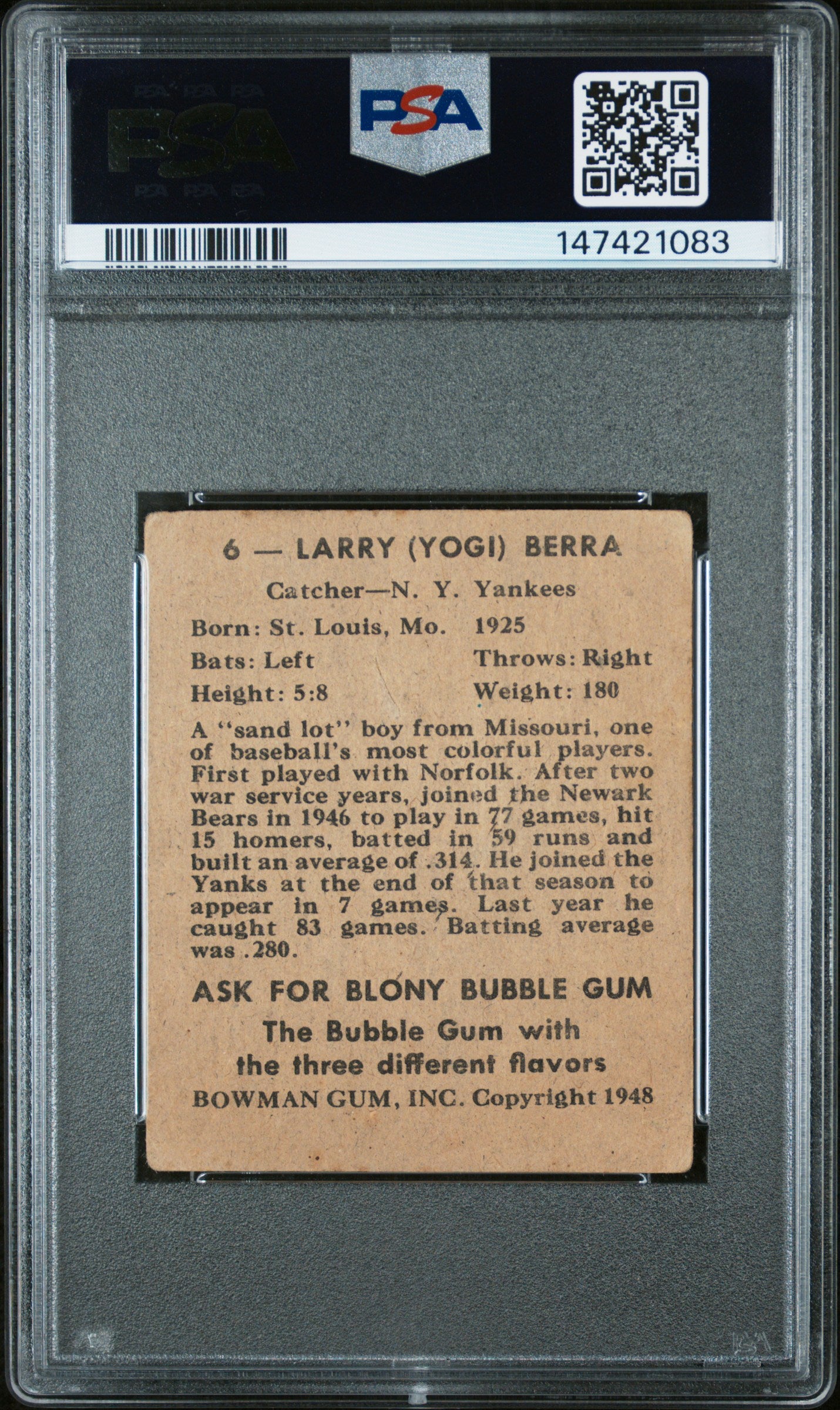 1948 Bowman #6 Yogi Berra RC Rookie PSA 1 Nice Eye Appeal New Label