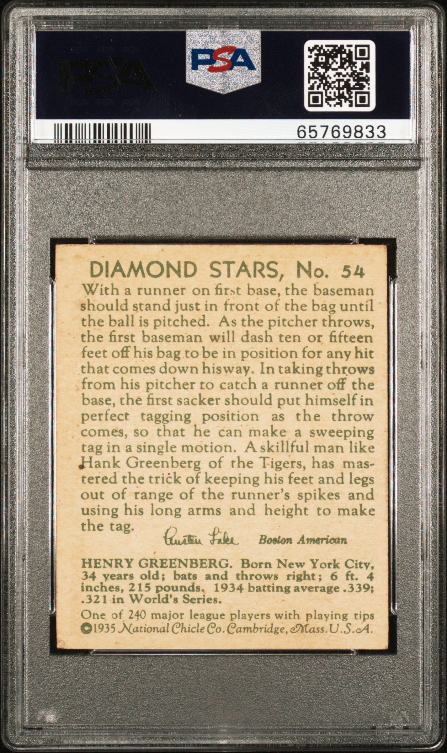1935 Diamond Stars #54 Hank Greenberg PSA 4 VG-EX Nice Eye Appeal New Label