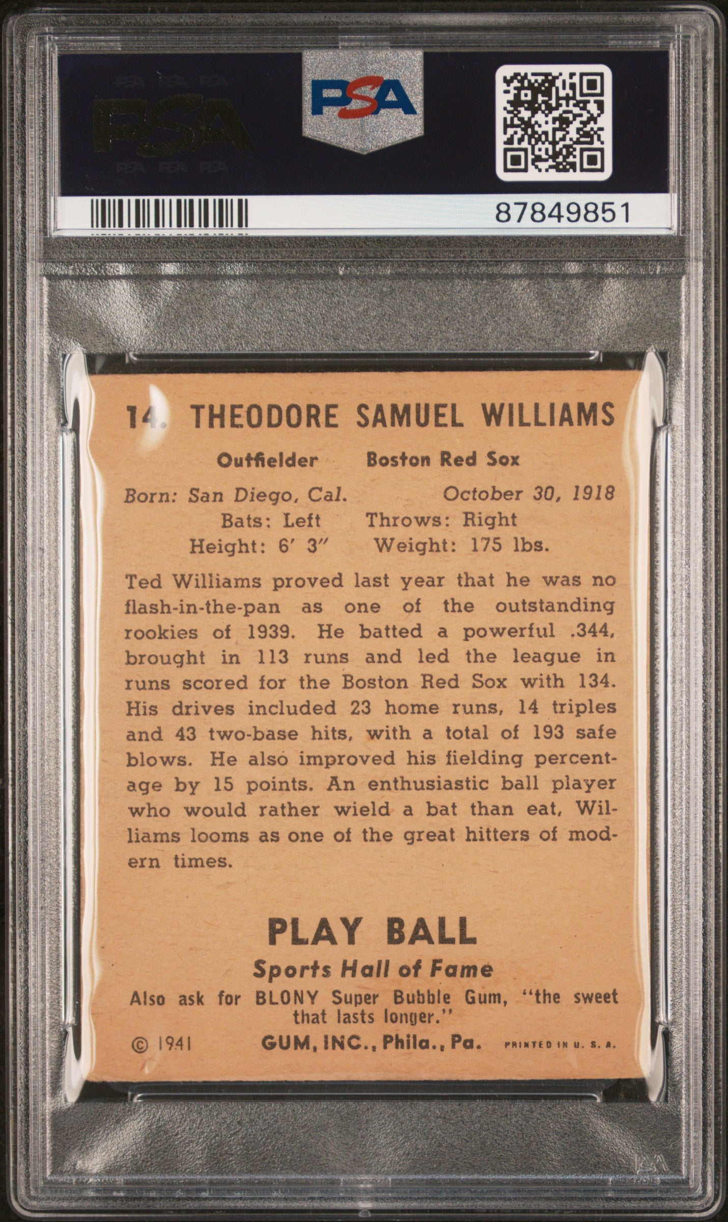 1941 Play Ball #14 Ted Williams PSA 2 GD Nice Color New Label
