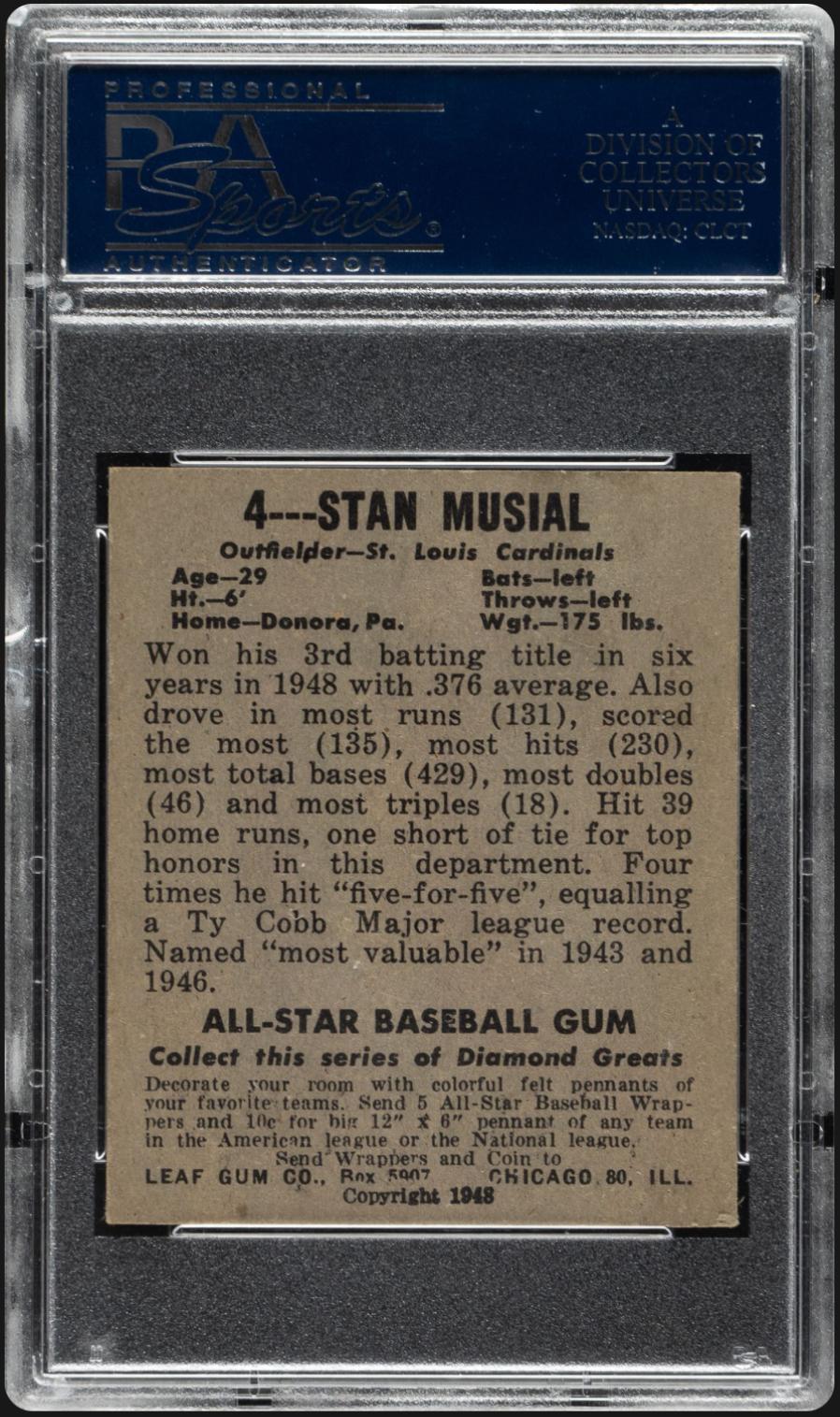 1948-49 Leaf #4 Stan Musial RC Rookie PSA 4 VG-EX Well Centered