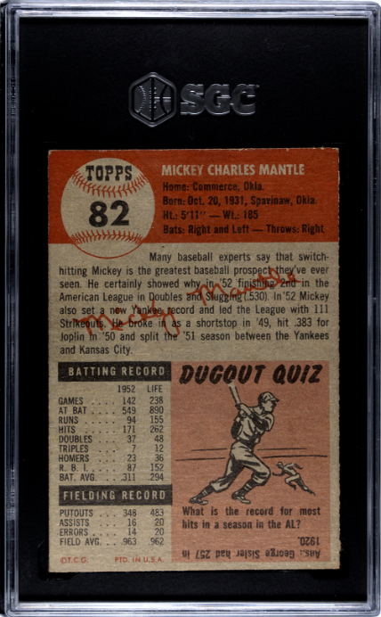 1953 Topps #82 Mickey Mantle SGC 6 EX-NM STUNNING COLOR + CENTERED