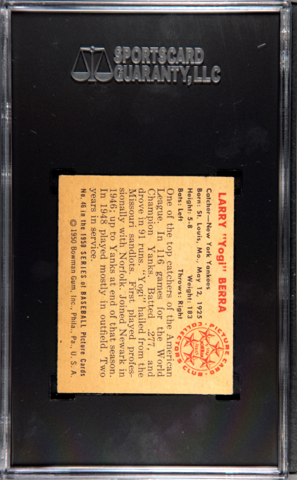 1950 Bowman #46 Yogi Berra SGC 5 EX Well Centered New Label