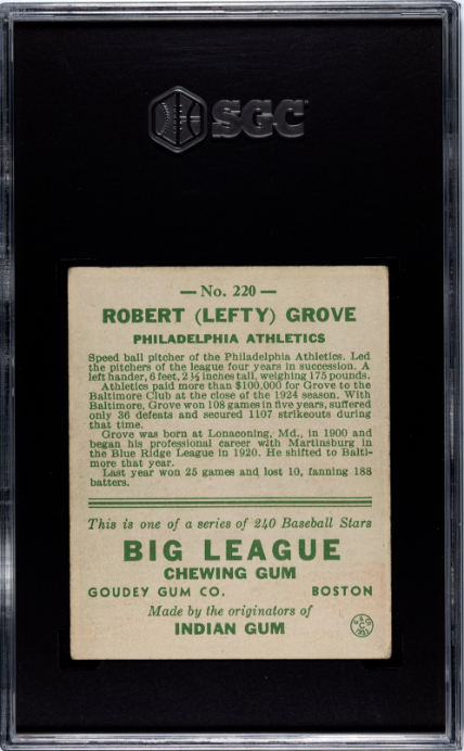 1933 Goudey #220 Lefty Grove SGC 4.5 VG-EX+ Nice Color